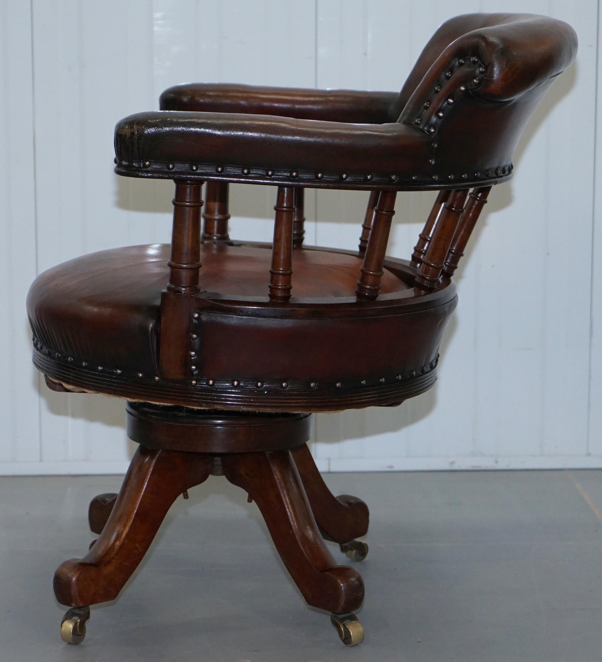 Restored Walnut Hand Dyed Cigar Brown Leather Victorian Captains Office Chair 14