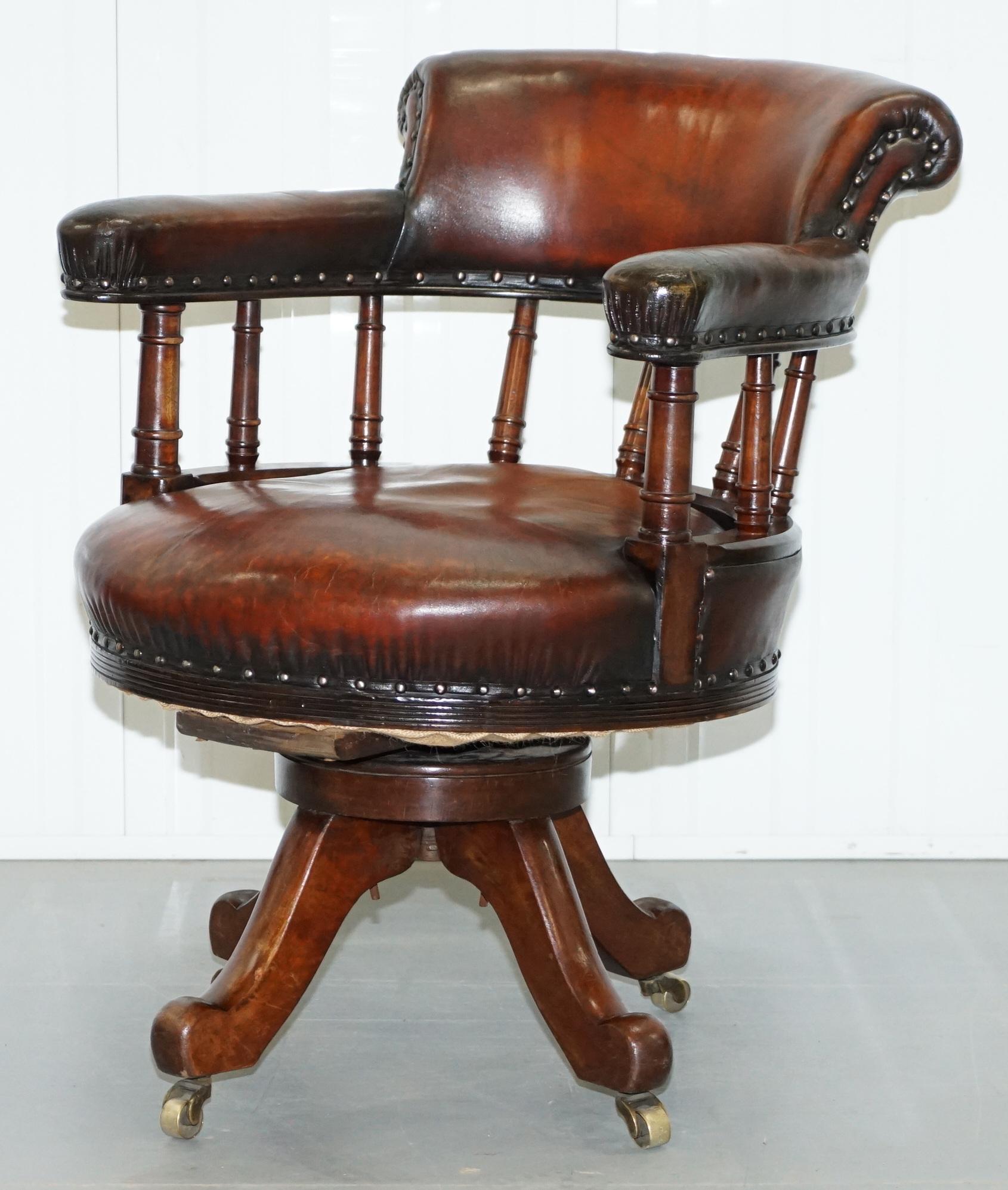 English Restored Walnut Hand Dyed Cigar Brown Leather Victorian Captains Office Chair