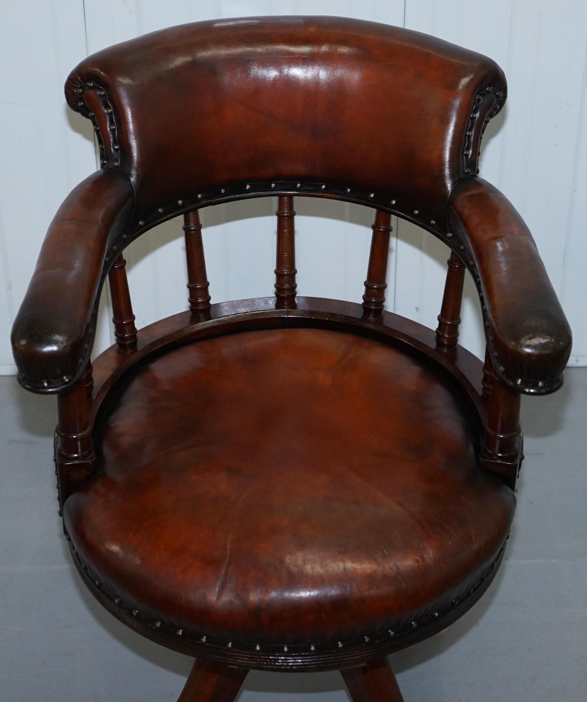 Hand-Crafted Restored Walnut Hand Dyed Cigar Brown Leather Victorian Captains Office Chair