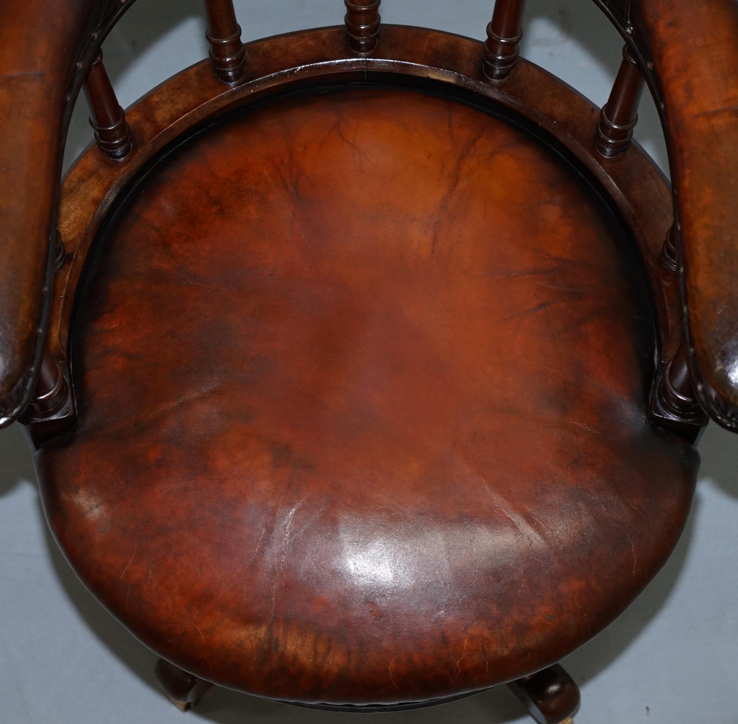 Late 19th Century Restored Walnut Hand Dyed Cigar Brown Leather Victorian Captains Office Chair