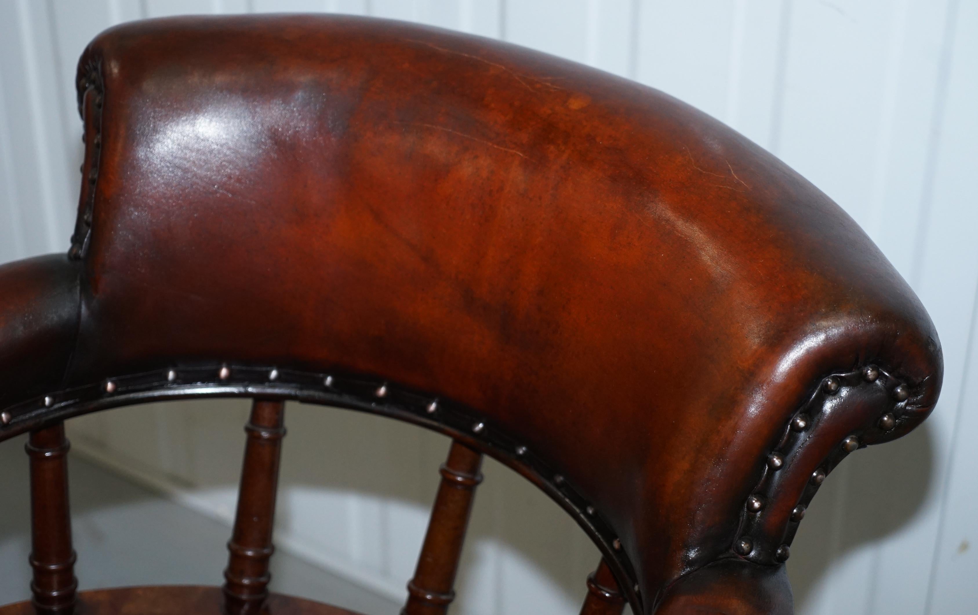 Restored Walnut Hand Dyed Cigar Brown Leather Victorian Captains Office Chair 1