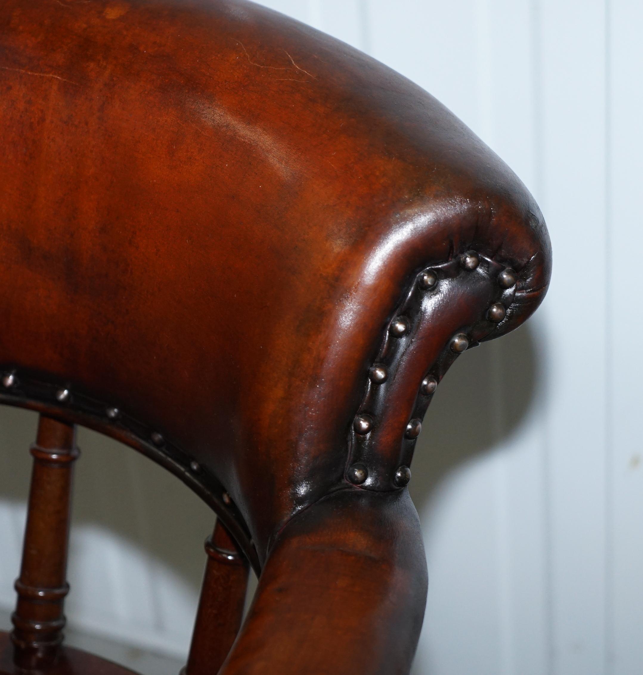 Restored Walnut Hand Dyed Cigar Brown Leather Victorian Captains Office Chair 1