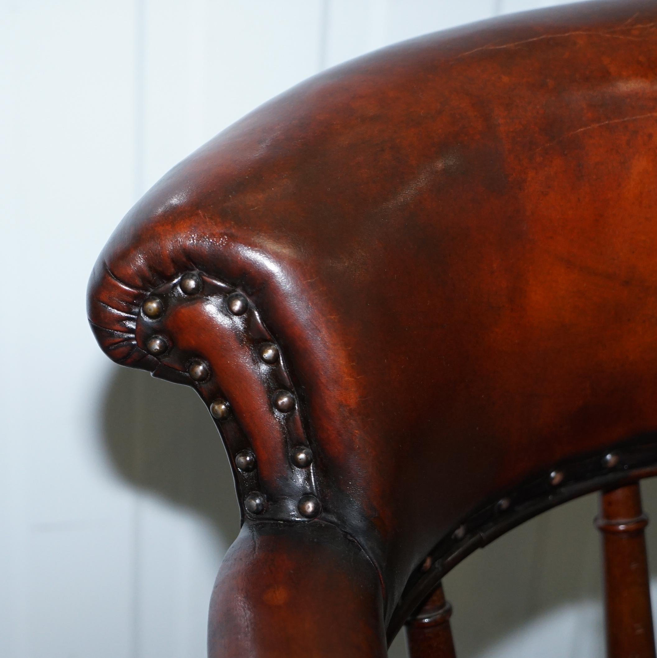 Restored Walnut Hand Dyed Cigar Brown Leather Victorian Captains Office Chair 3