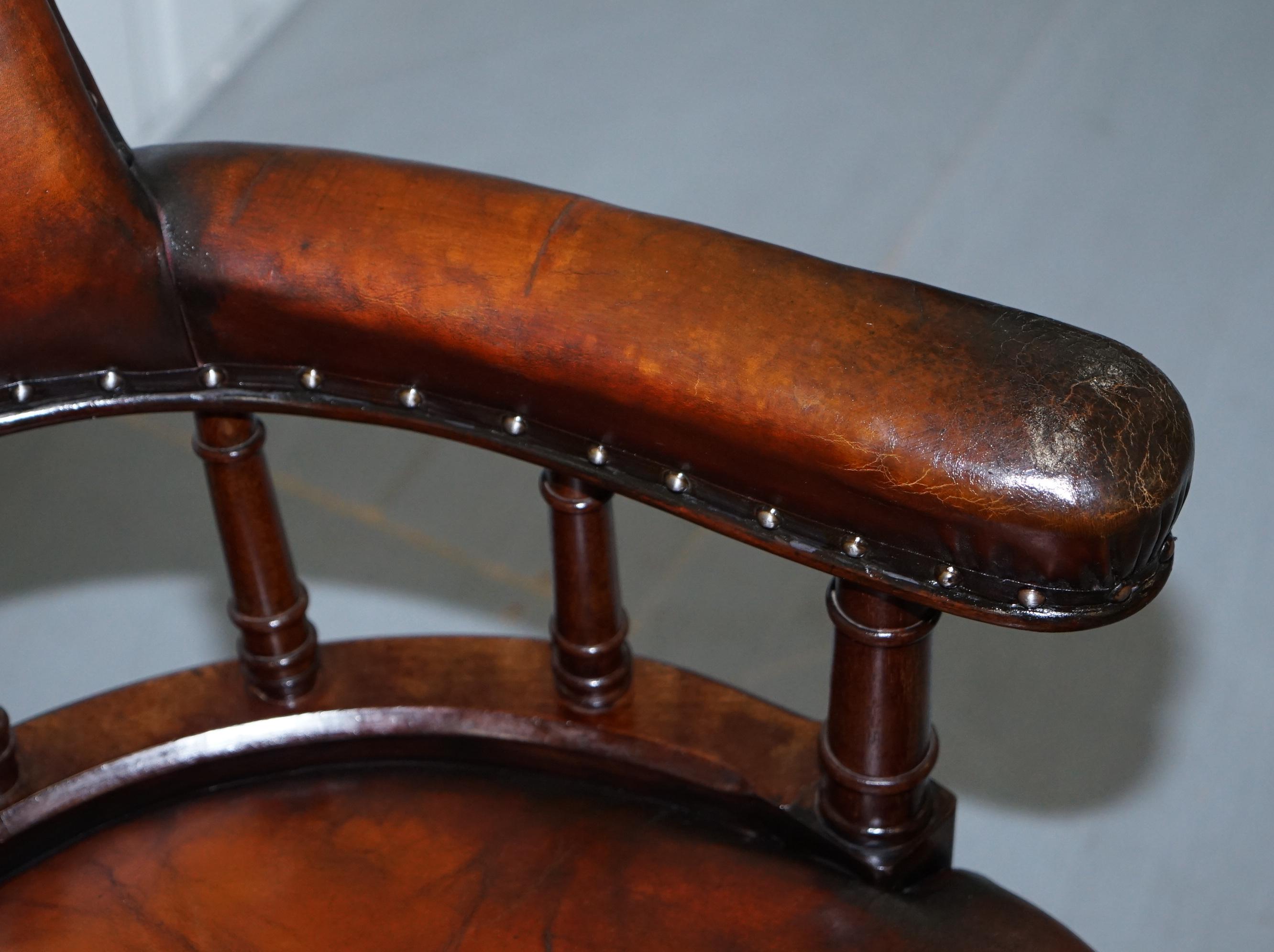 Restored Walnut Hand Dyed Cigar Brown Leather Victorian Captains Office Chair 4