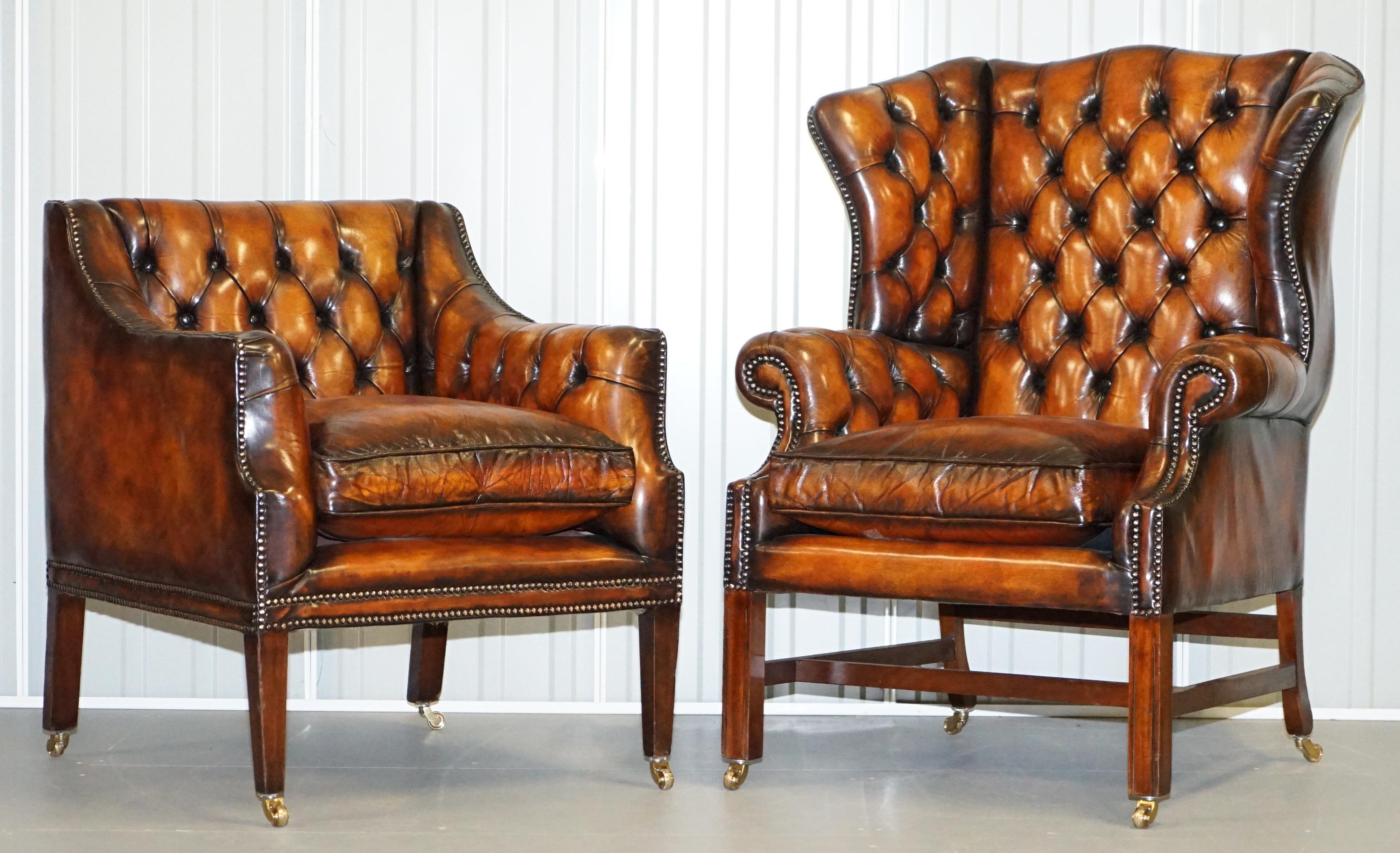 Restored Whiskey Brown Leather Chesterfield Club Wingback Armchair & Sofa Suite 4