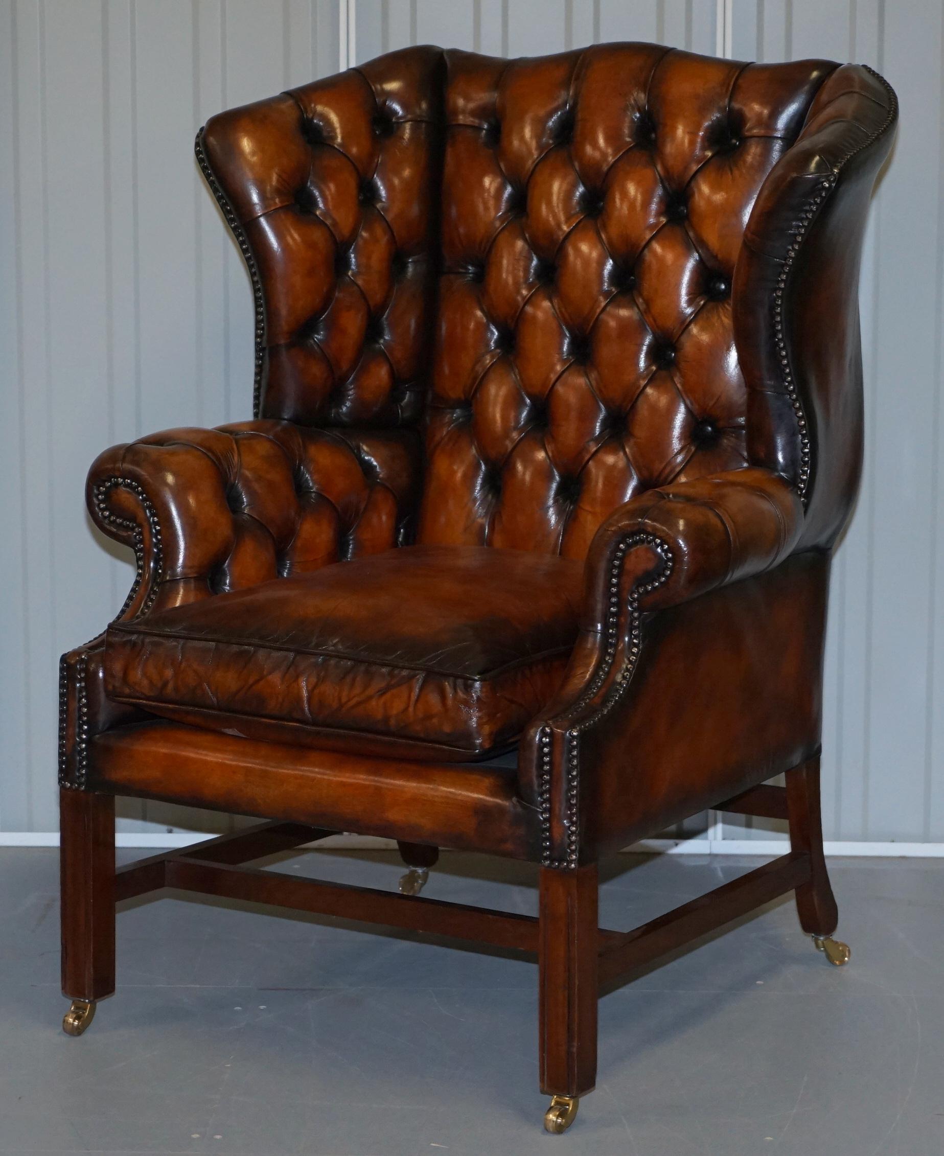Restored Whiskey Brown Leather Chesterfield Club Wingback Armchair & Sofa Suite 6