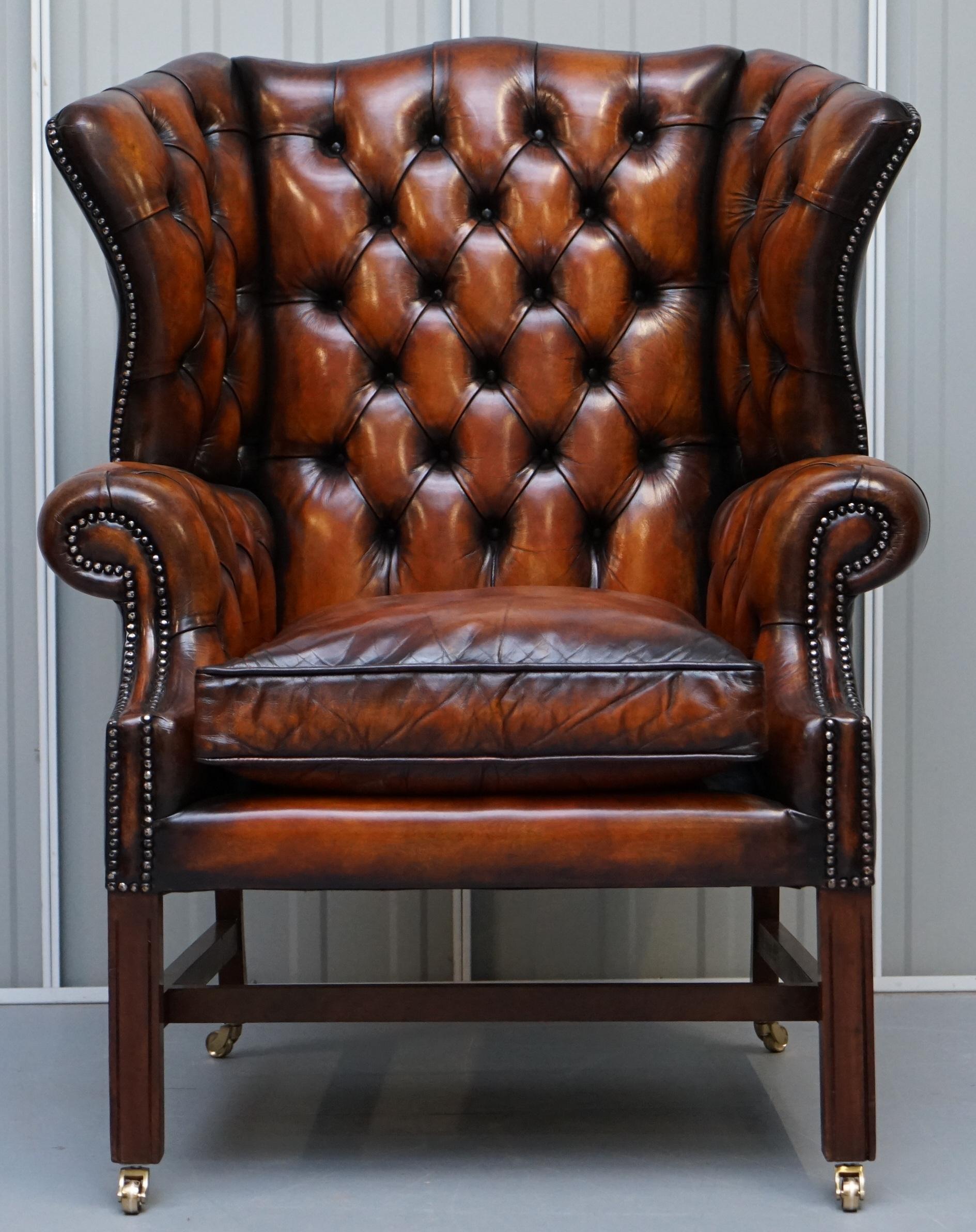 Restored Whiskey Brown Leather Chesterfield Club Wingback Armchair & Sofa Suite 7