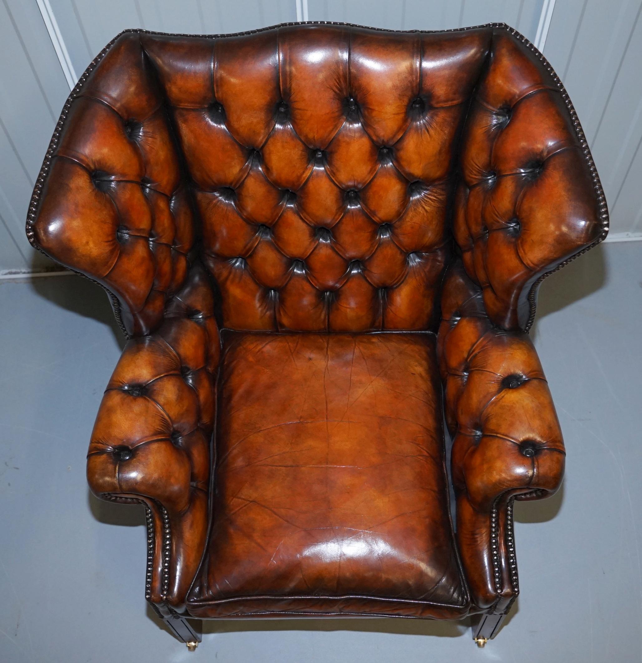 Restored Whiskey Brown Leather Chesterfield Club Wingback Armchair & Sofa Suite 7