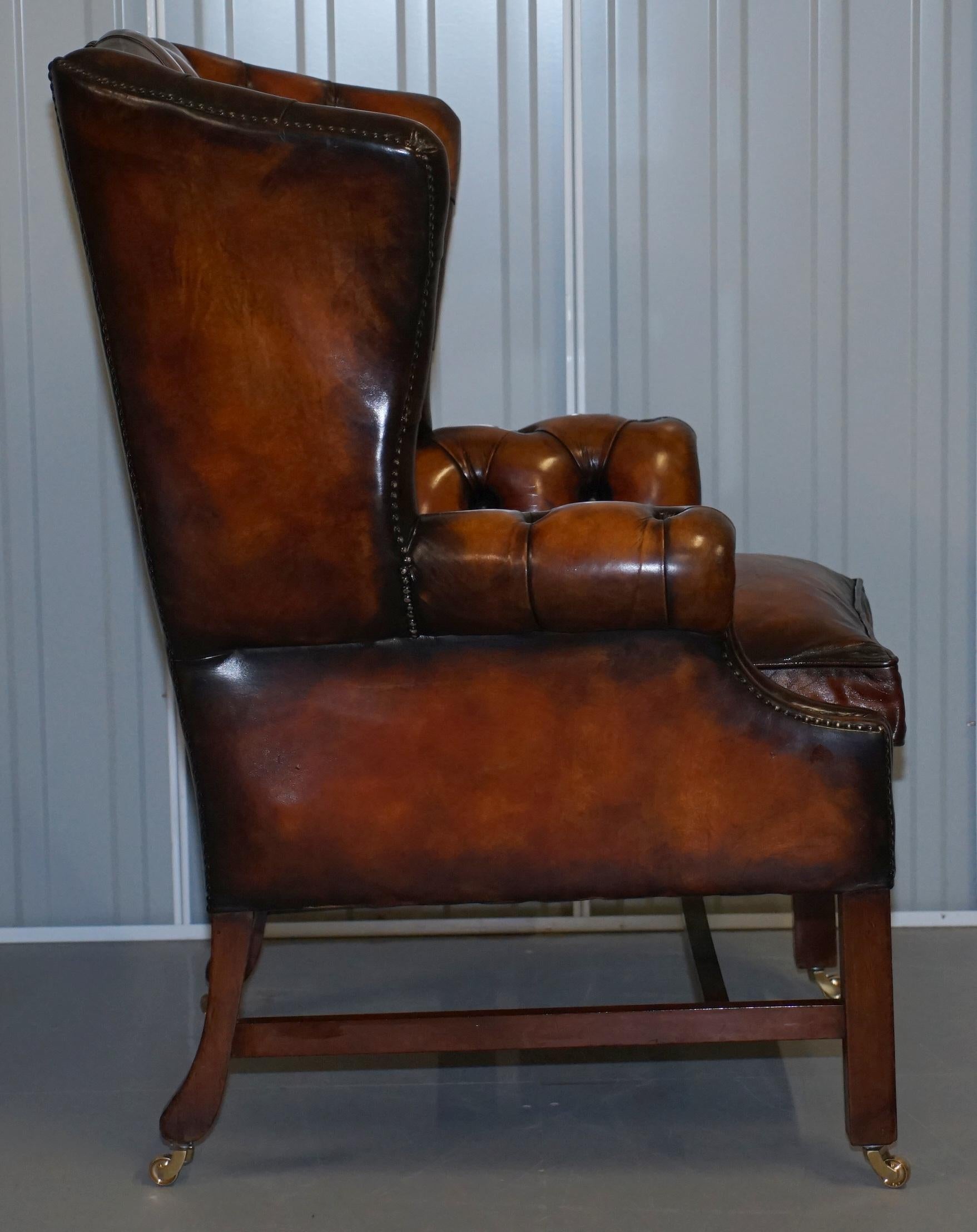 Restored Whiskey Brown Leather Chesterfield Club Wingback Armchair & Sofa Suite 9
