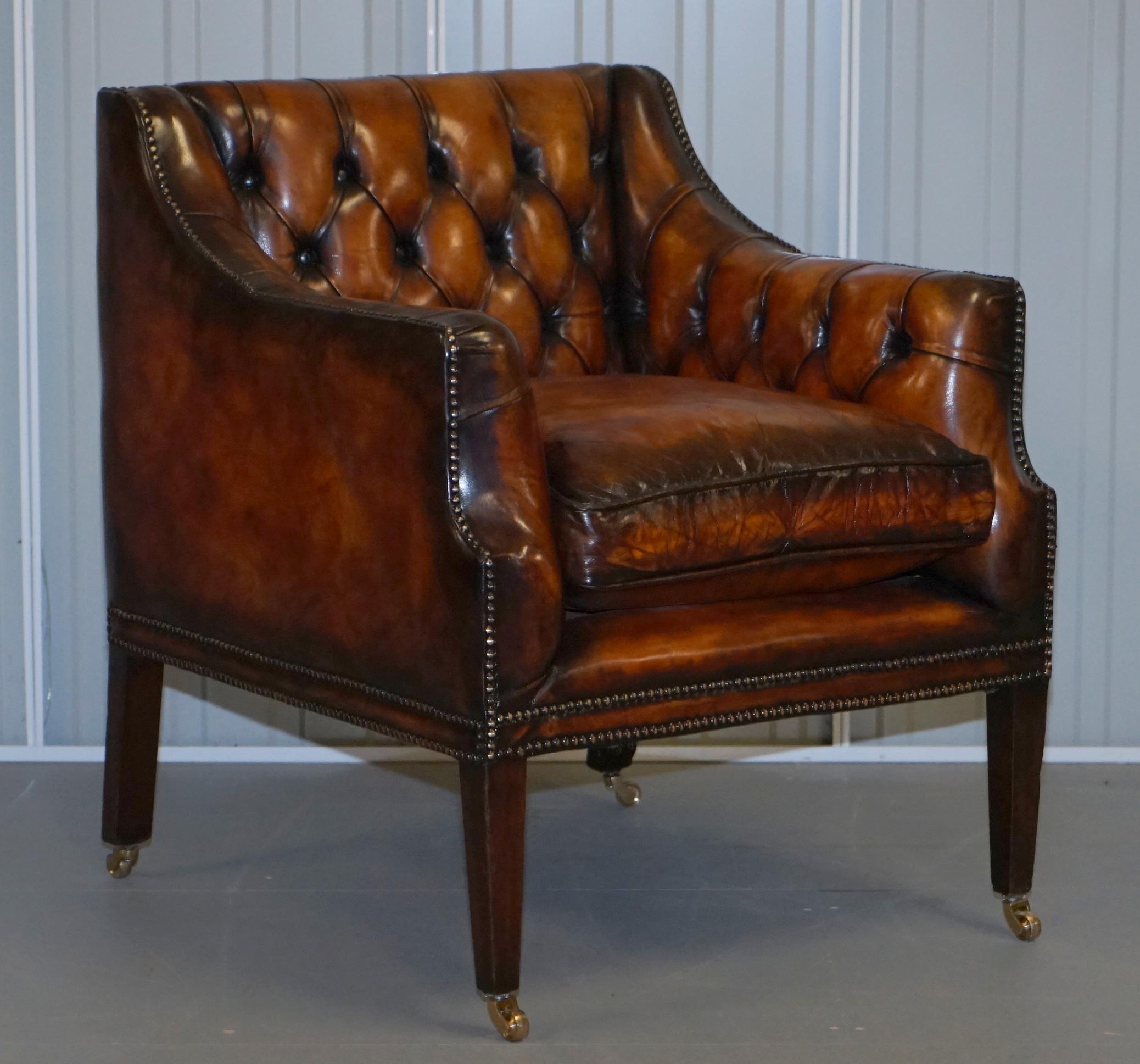 Restored Whiskey Brown Leather Chesterfield Club Wingback Armchair & Sofa Suite 10