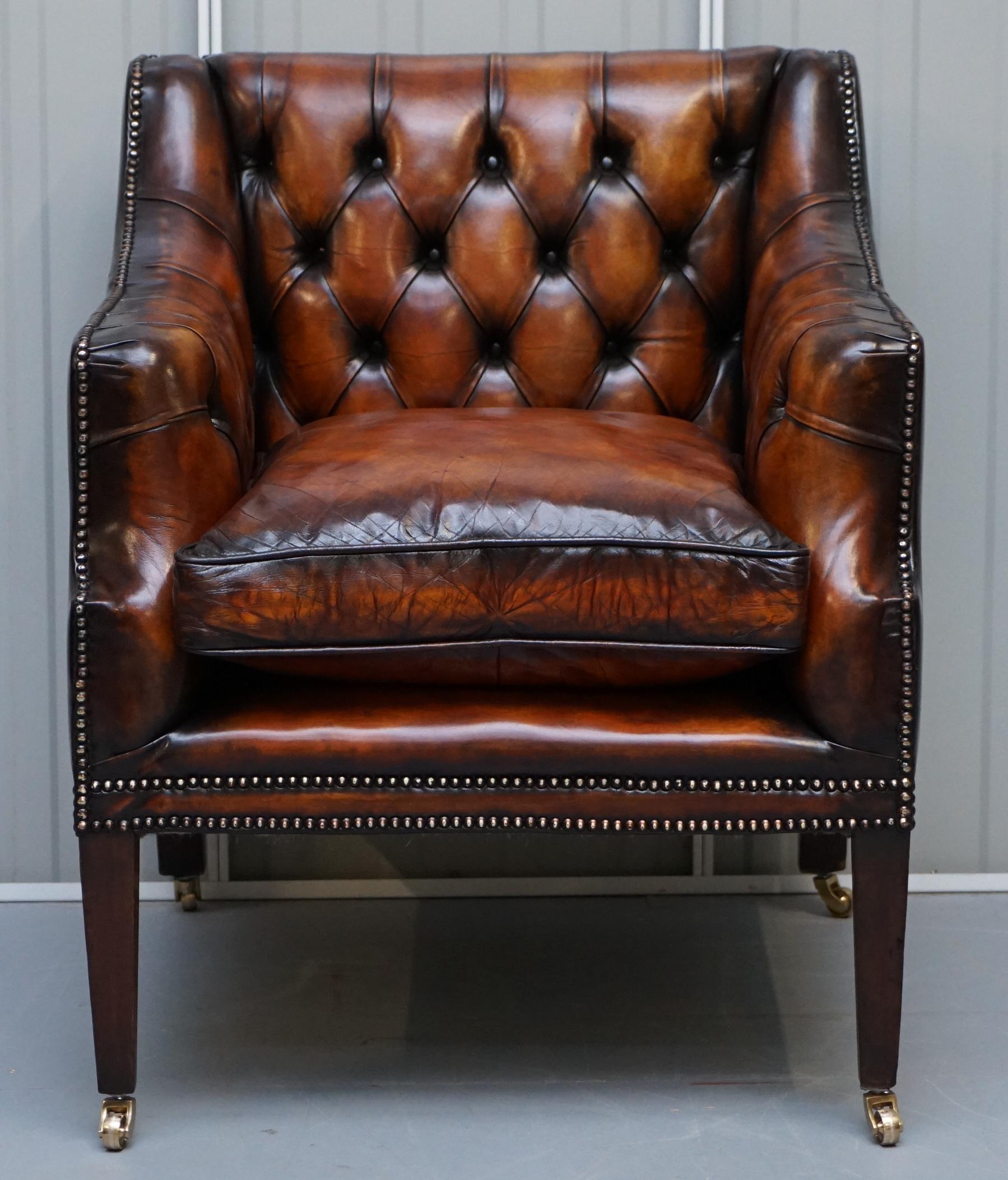 Restored Whiskey Brown Leather Chesterfield Club Wingback Armchair & Sofa Suite 11