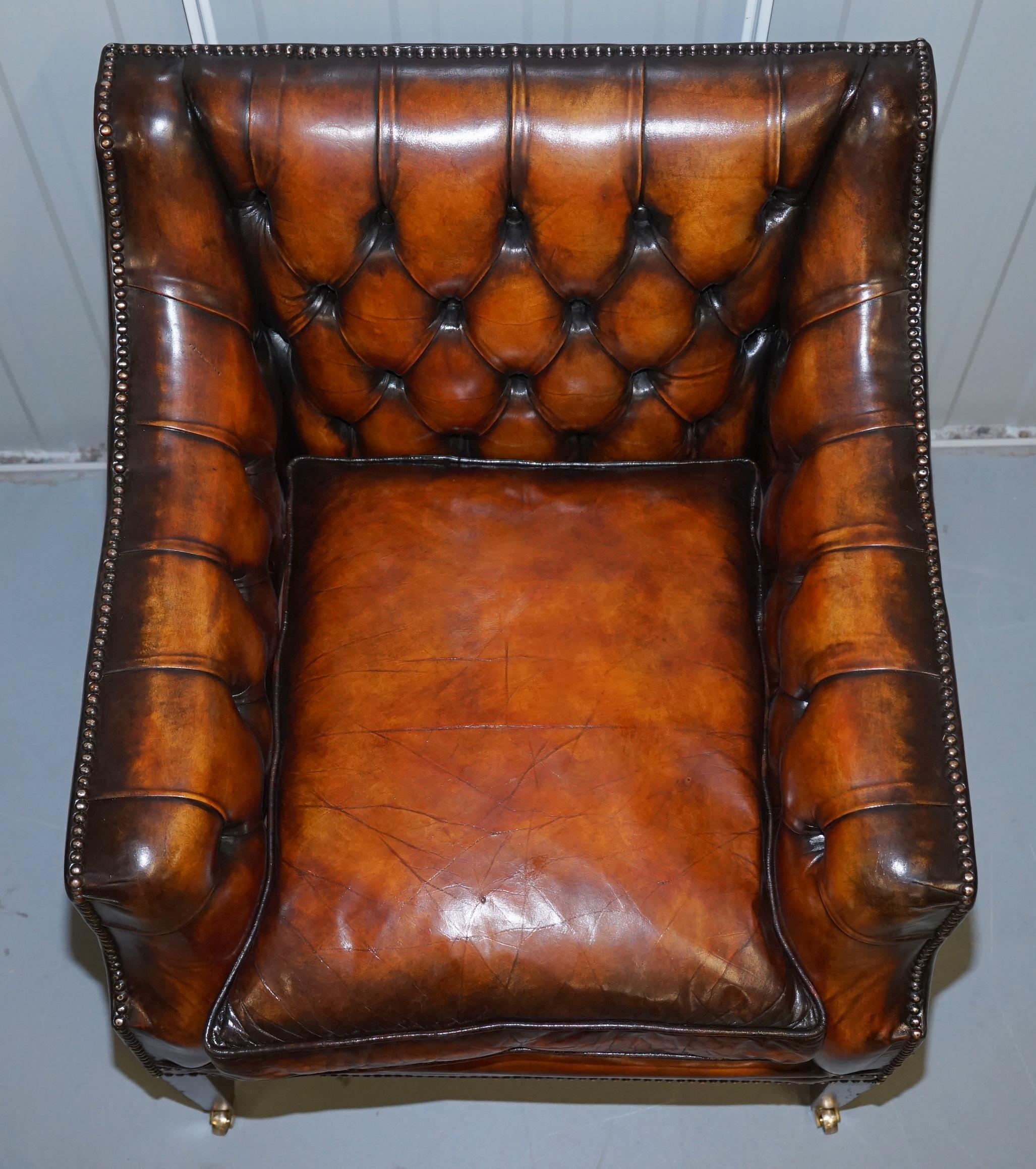 Restored Whiskey Brown Leather Chesterfield Club Wingback Armchair & Sofa Suite 12