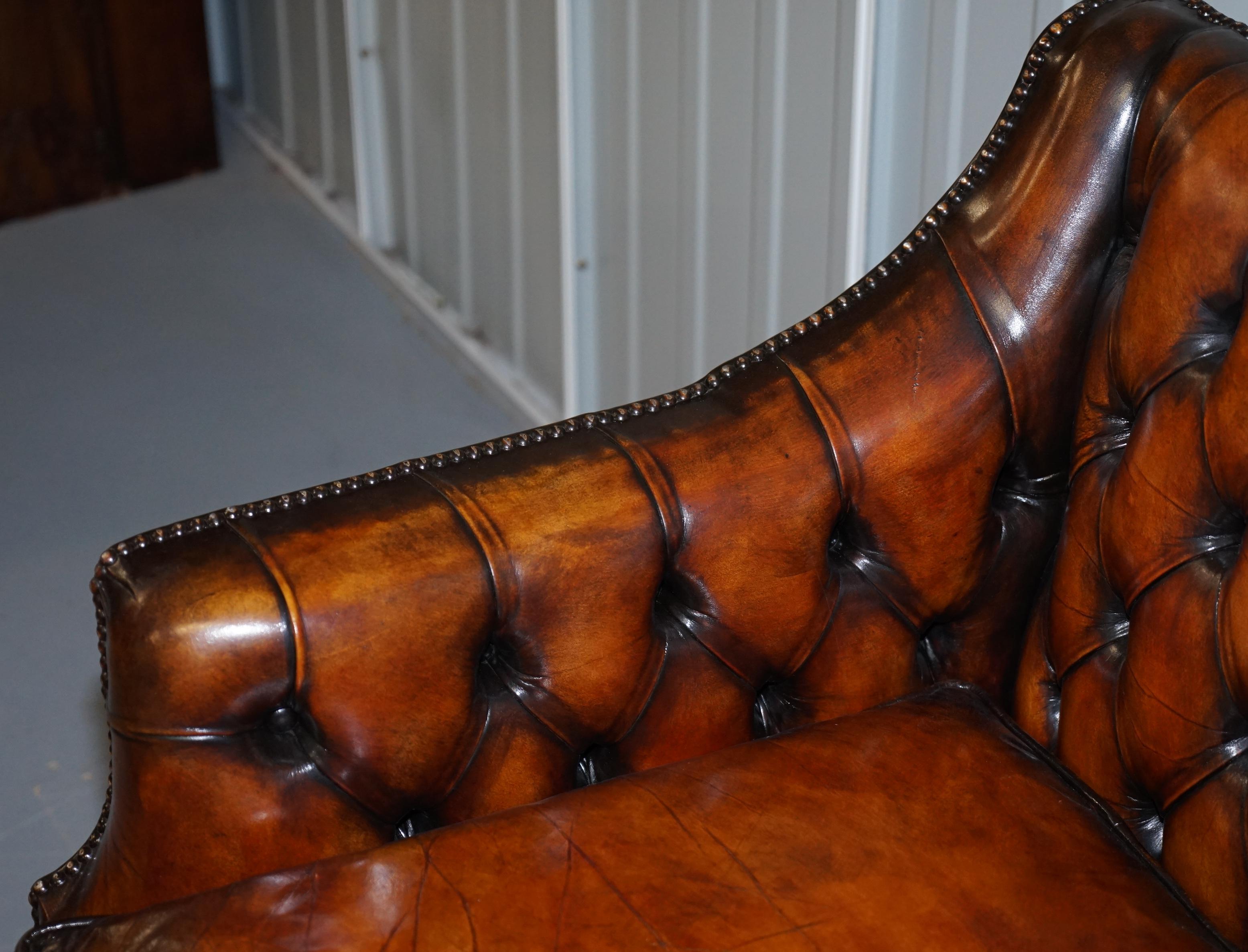 Restored Whiskey Brown Leather Chesterfield Club Wingback Armchair & Sofa Suite 13