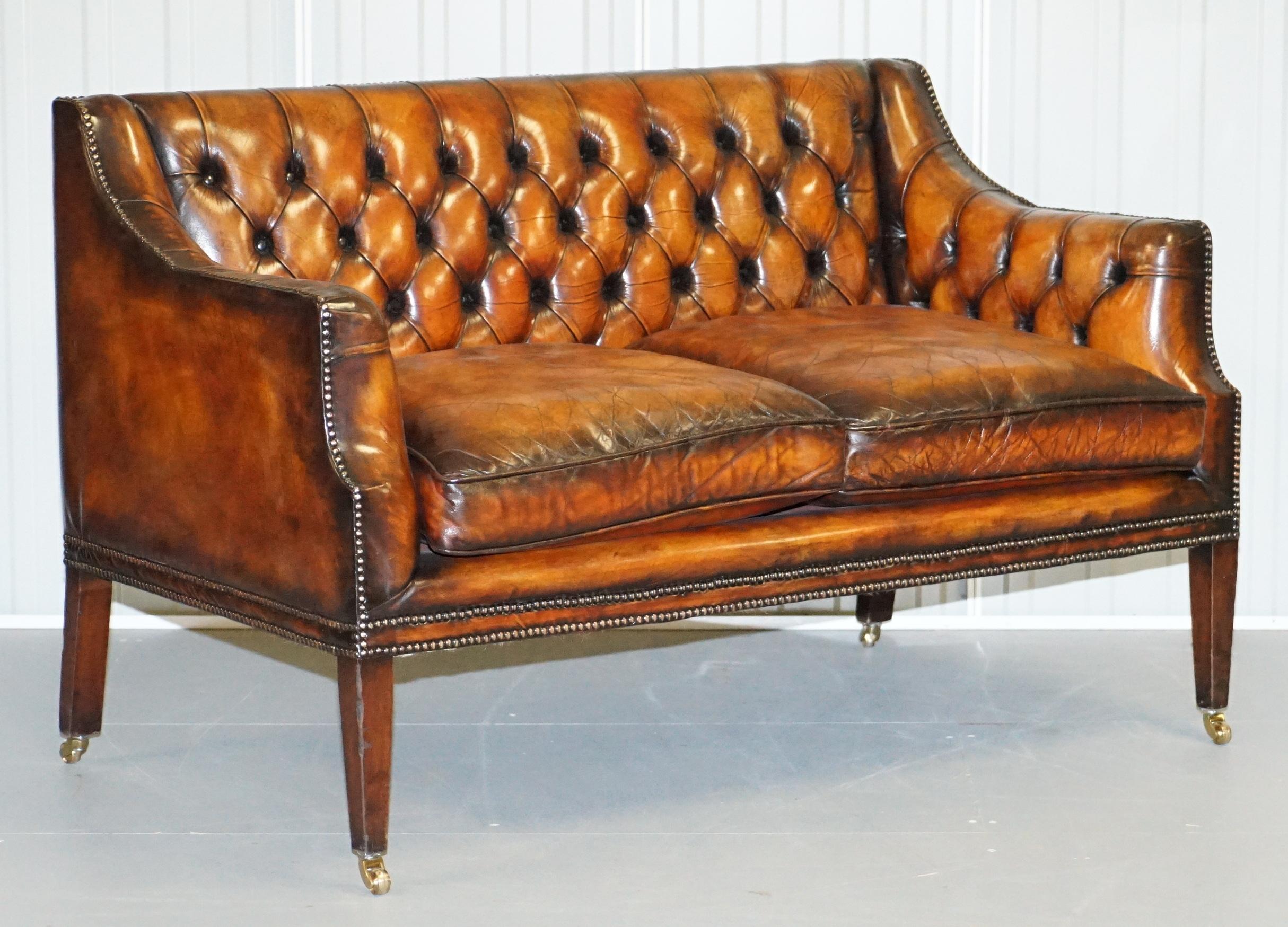 We are delighted to offer for sale this stunning vintage fully restored Chesterfield cigar whisky brown leather Library suite

A very rare find, I never come across original sets of three pieces from this era. We have fully restored the suite and