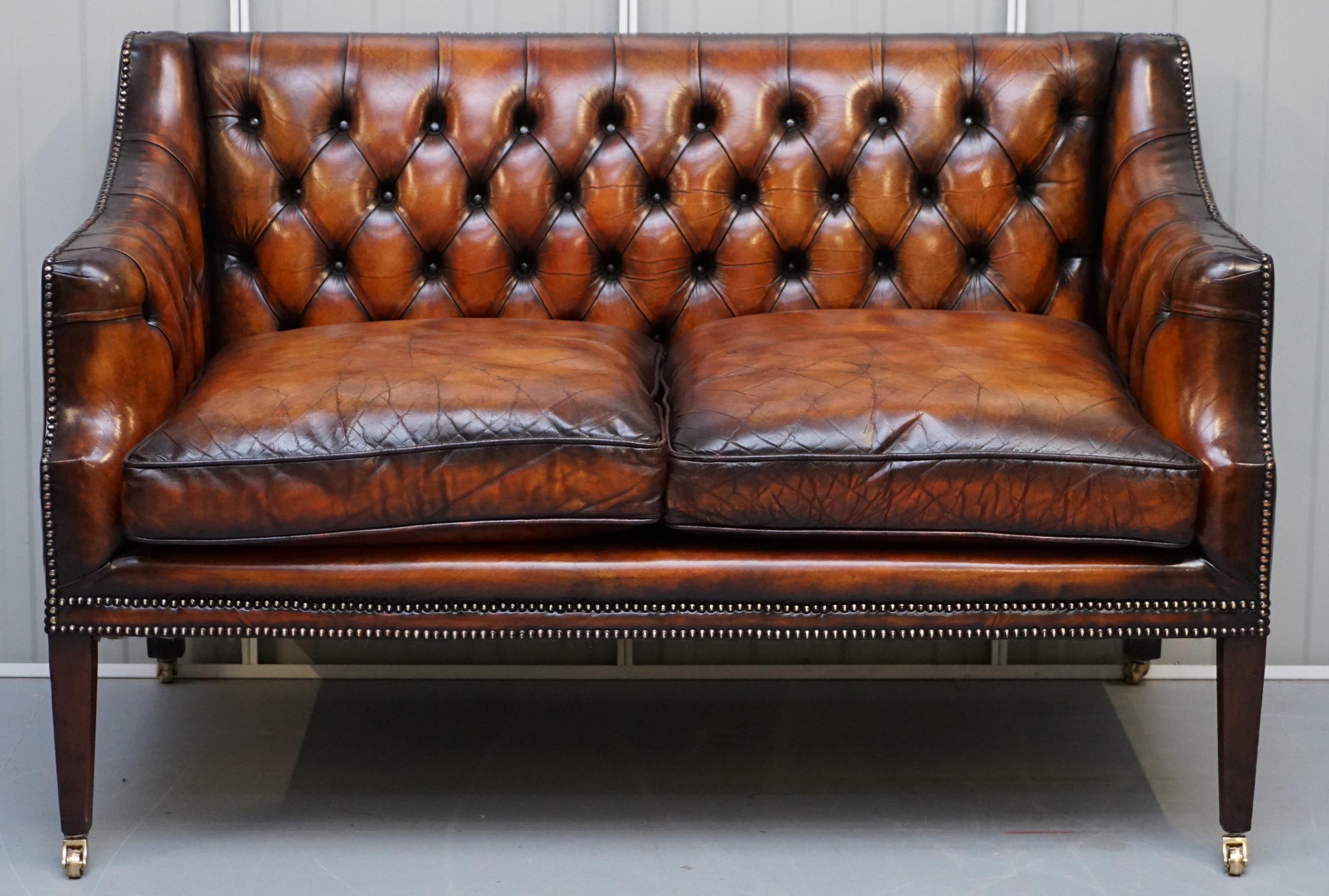 English Restored Whiskey Brown Leather Chesterfield Club Wingback Armchair & Sofa Suite