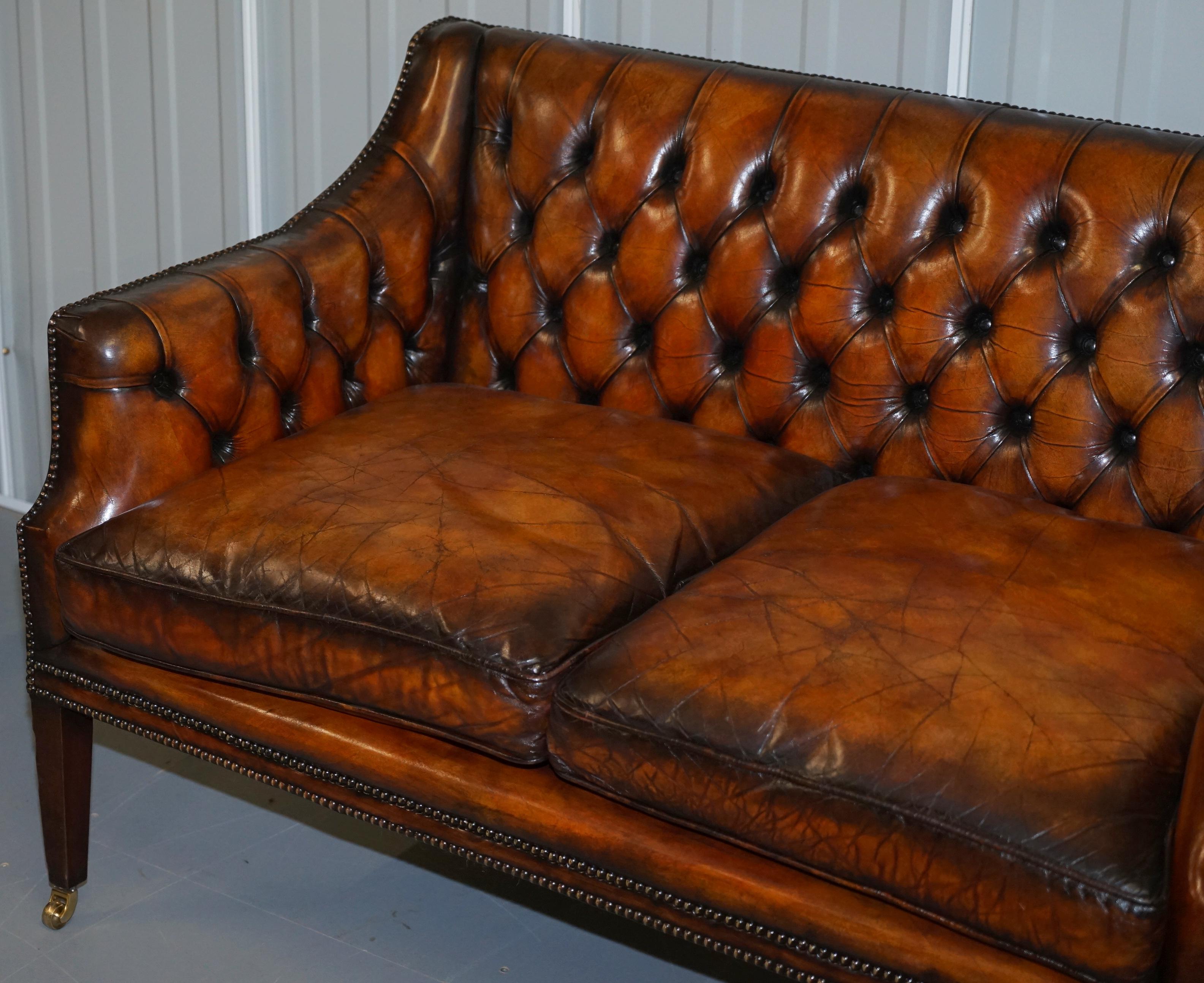 Hand-Crafted Restored Whiskey Brown Leather Chesterfield Club Wingback Armchair & Sofa Suite