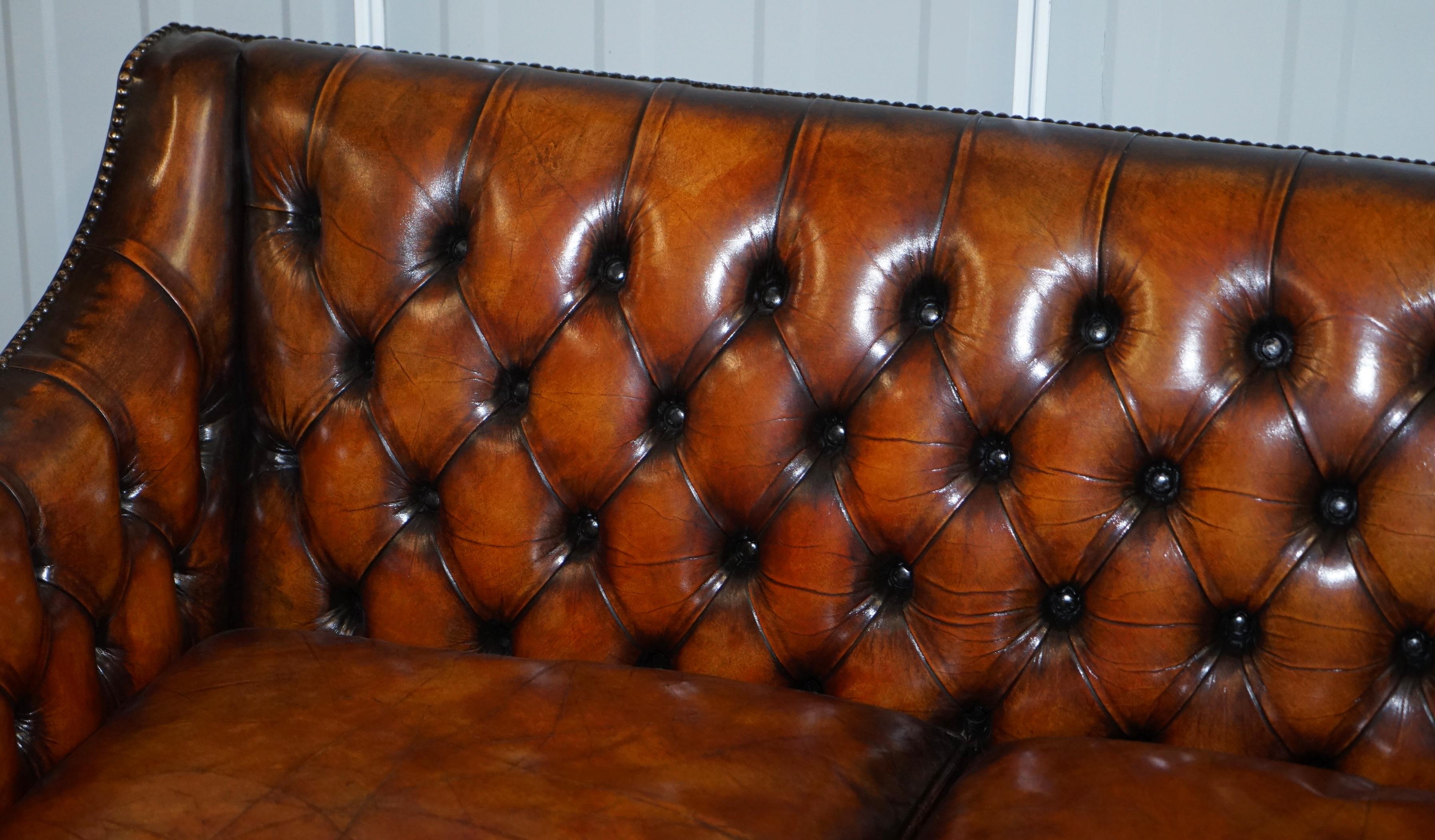 20th Century Restored Whiskey Brown Leather Chesterfield Club Wingback Armchair & Sofa Suite