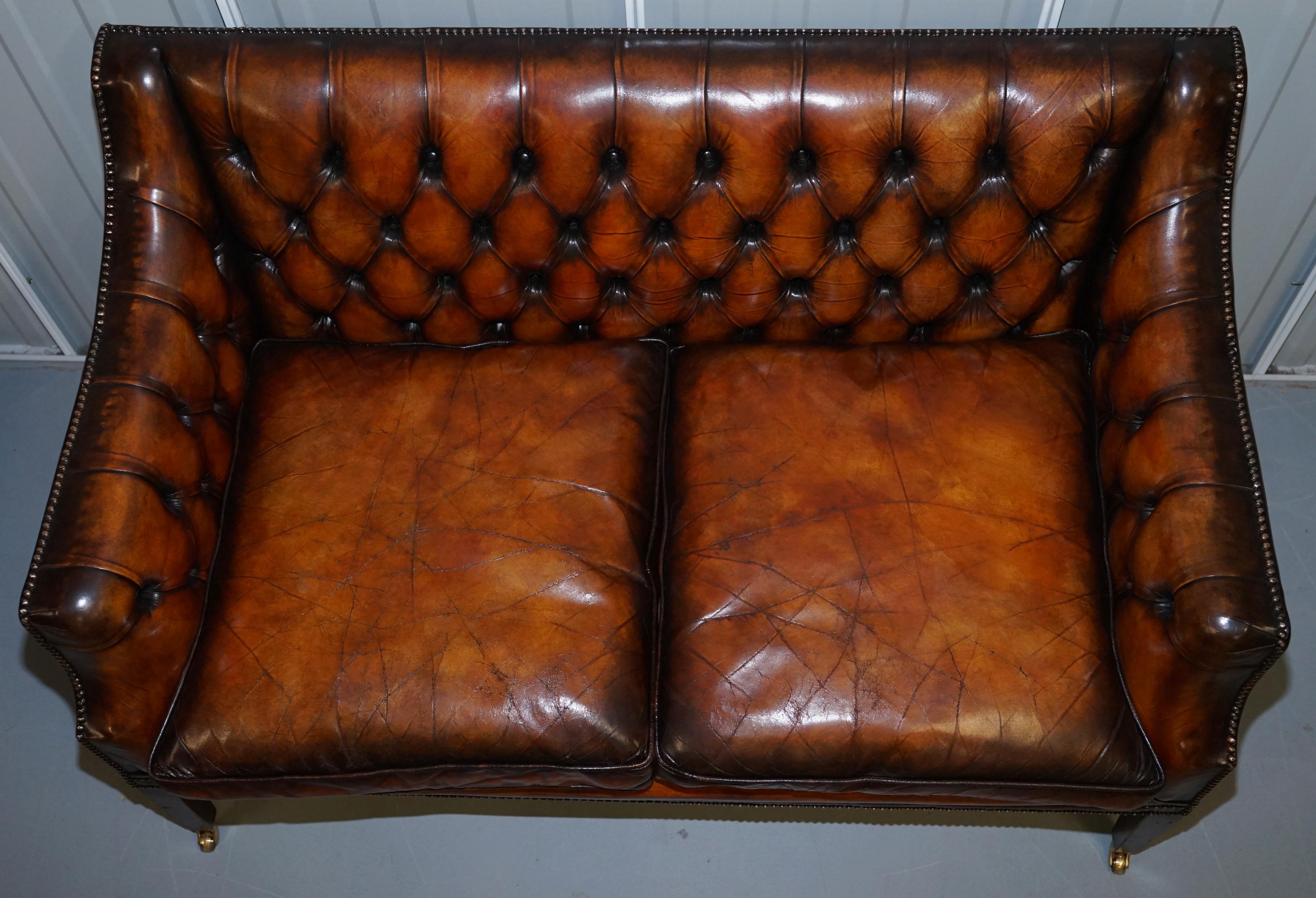 Restored Whiskey Brown Leather Chesterfield Club Wingback Armchair & Sofa Suite 1