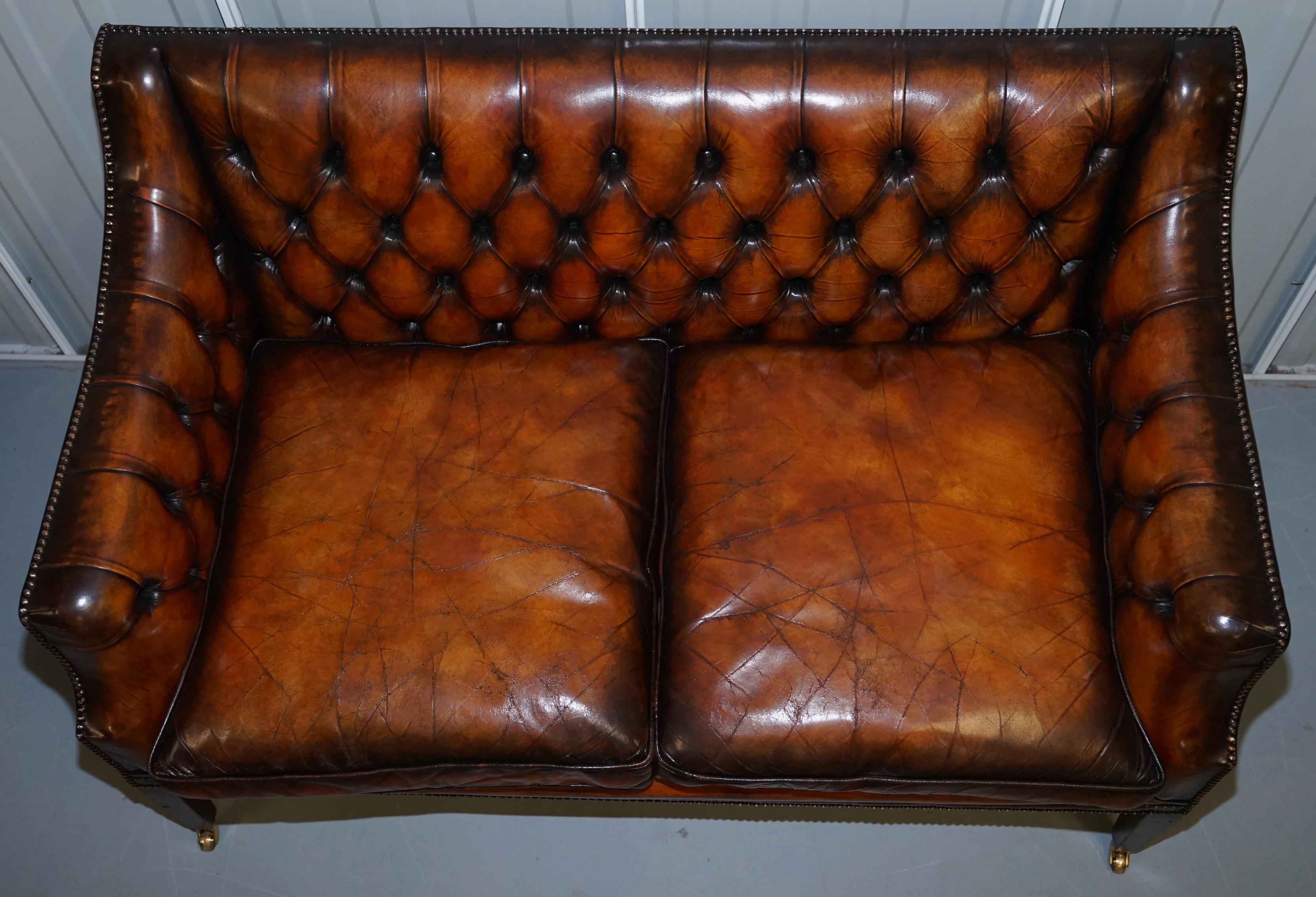 20th Century Restored Whiskey Brown Leather Chesterfield Club Wingback Armchair & Sofa Suite