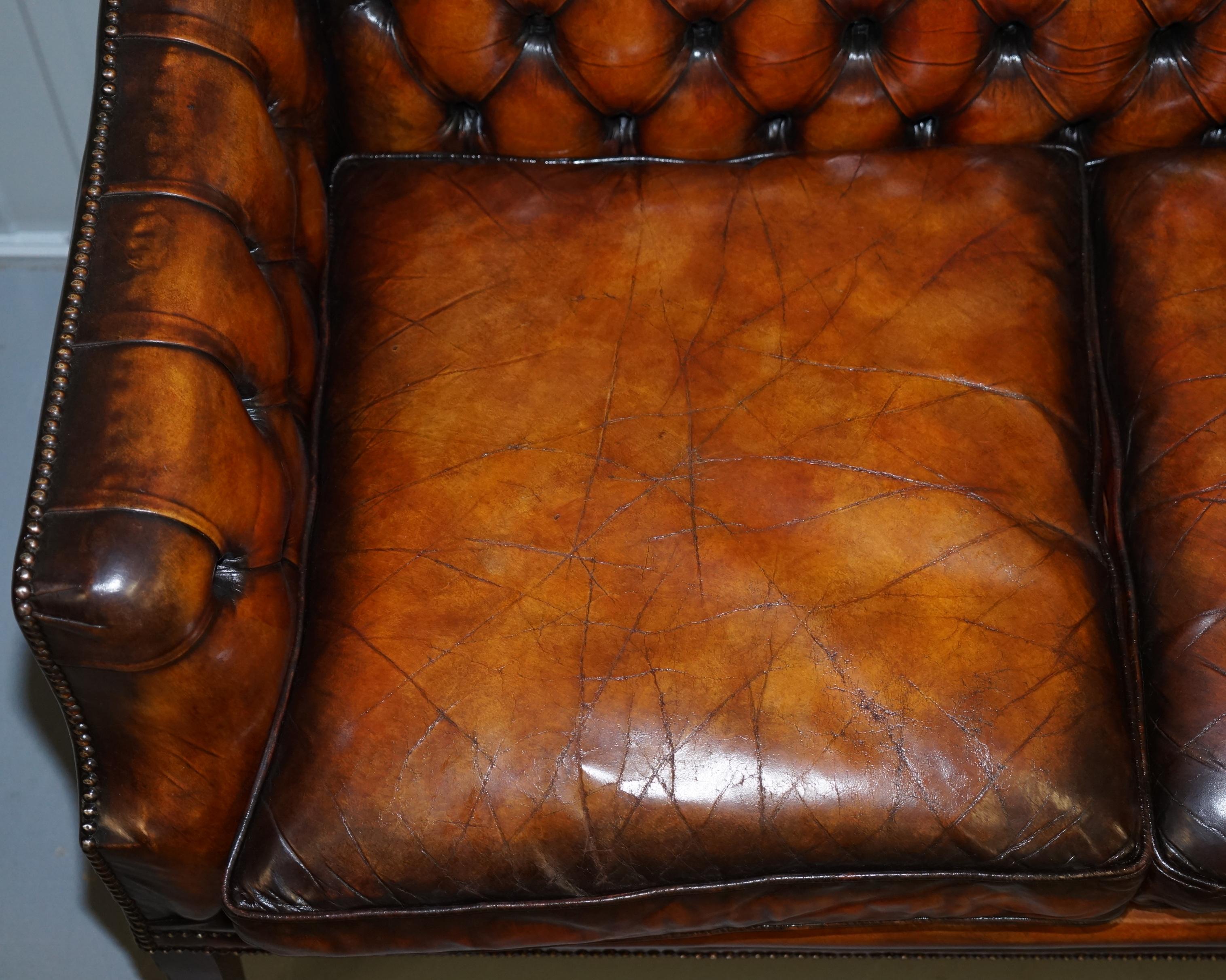 Restored Whiskey Brown Leather Chesterfield Club Wingback Armchair & Sofa Suite 2