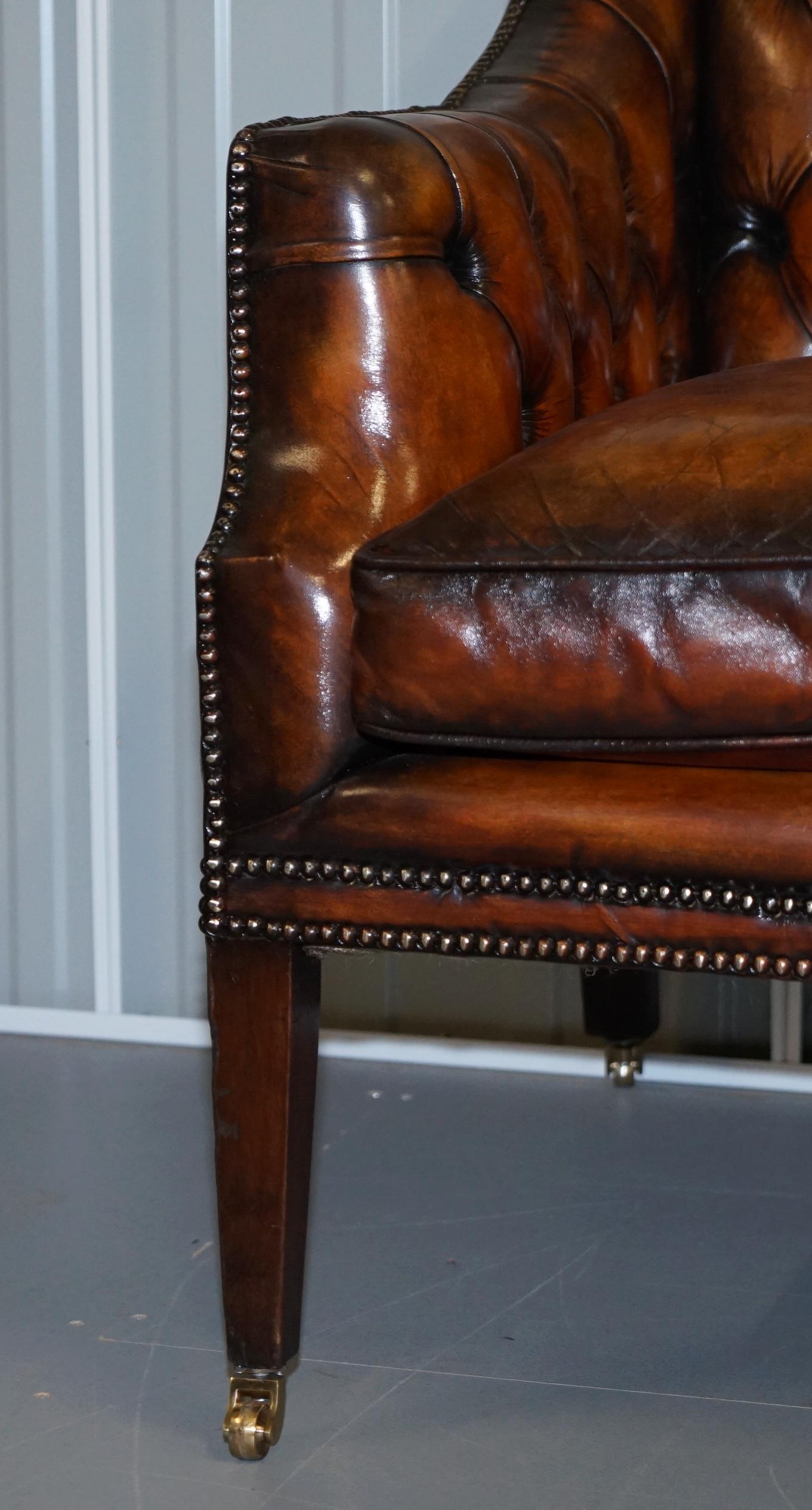 Restored Whiskey Brown Leather Chesterfield Club Wingback Armchair & Sofa Suite 3