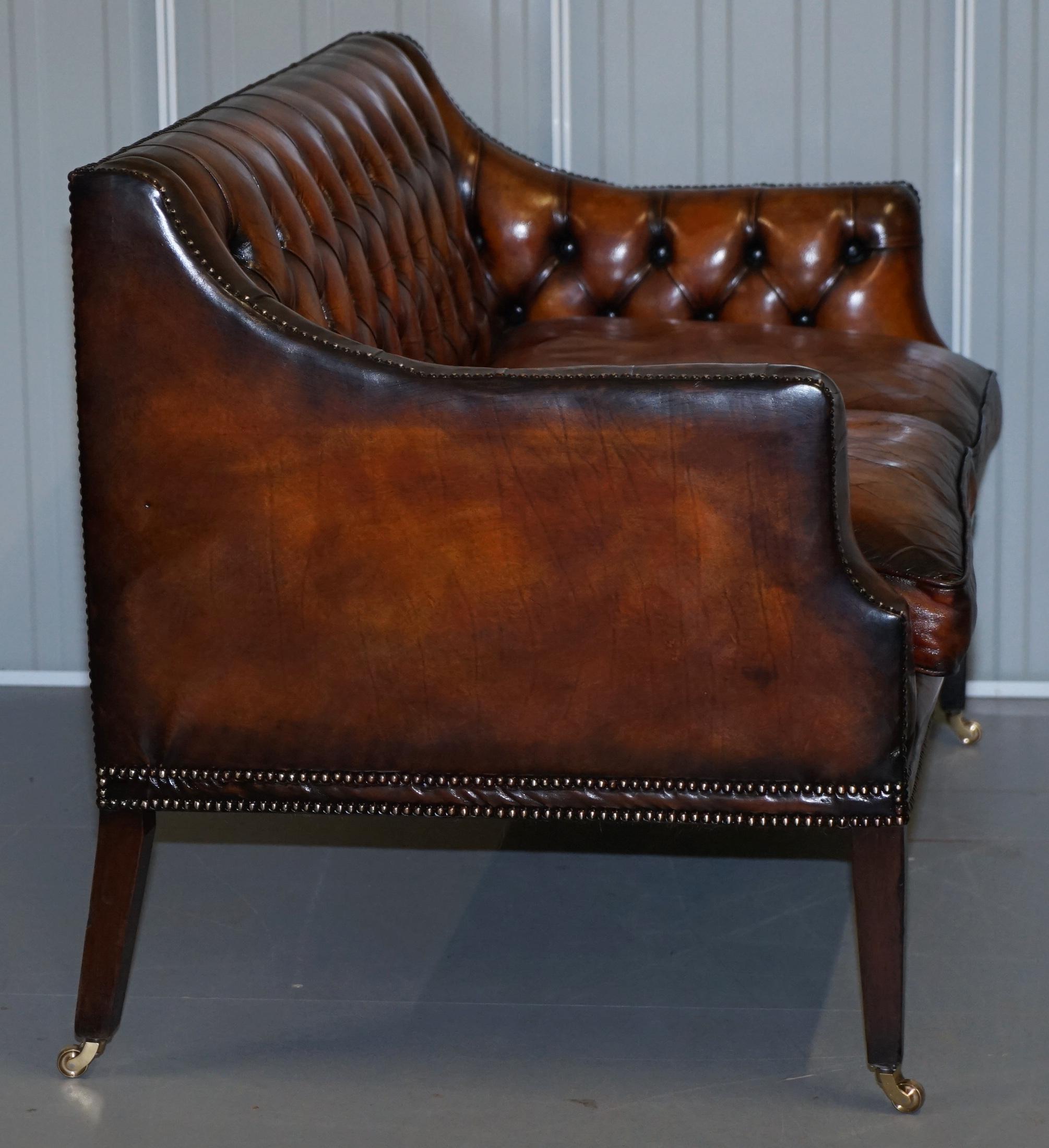 Restored Whiskey Brown Leather Chesterfield Club Wingback Armchair & Sofa Suite 4