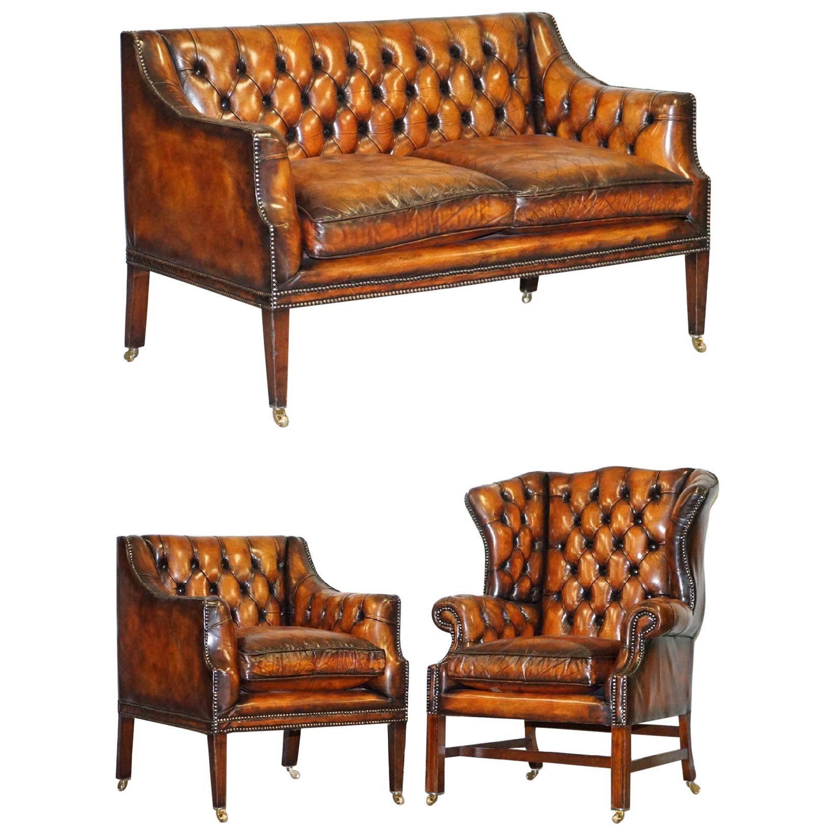 Restored Whiskey Brown Leather Chesterfield Club Wingback Armchair & Sofa Suite