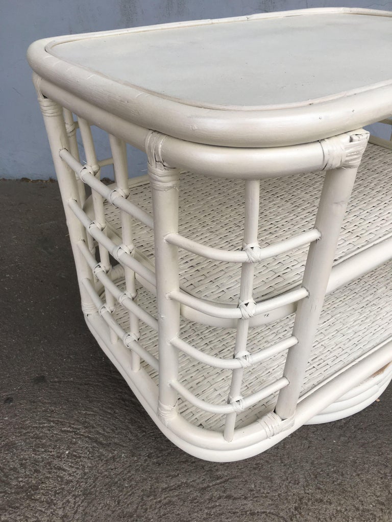 Restored White Painted Midcentury Rattan Side Table Bookshelf For Sale