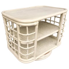 Retro Restored White Painted Midcentury Rattan Side Table Bookshelf