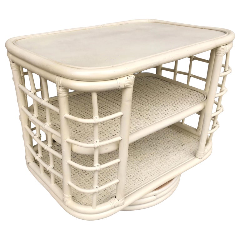 Restored White Painted Midcentury Rattan Side Table Bookshelf For Sale At 1stdibs