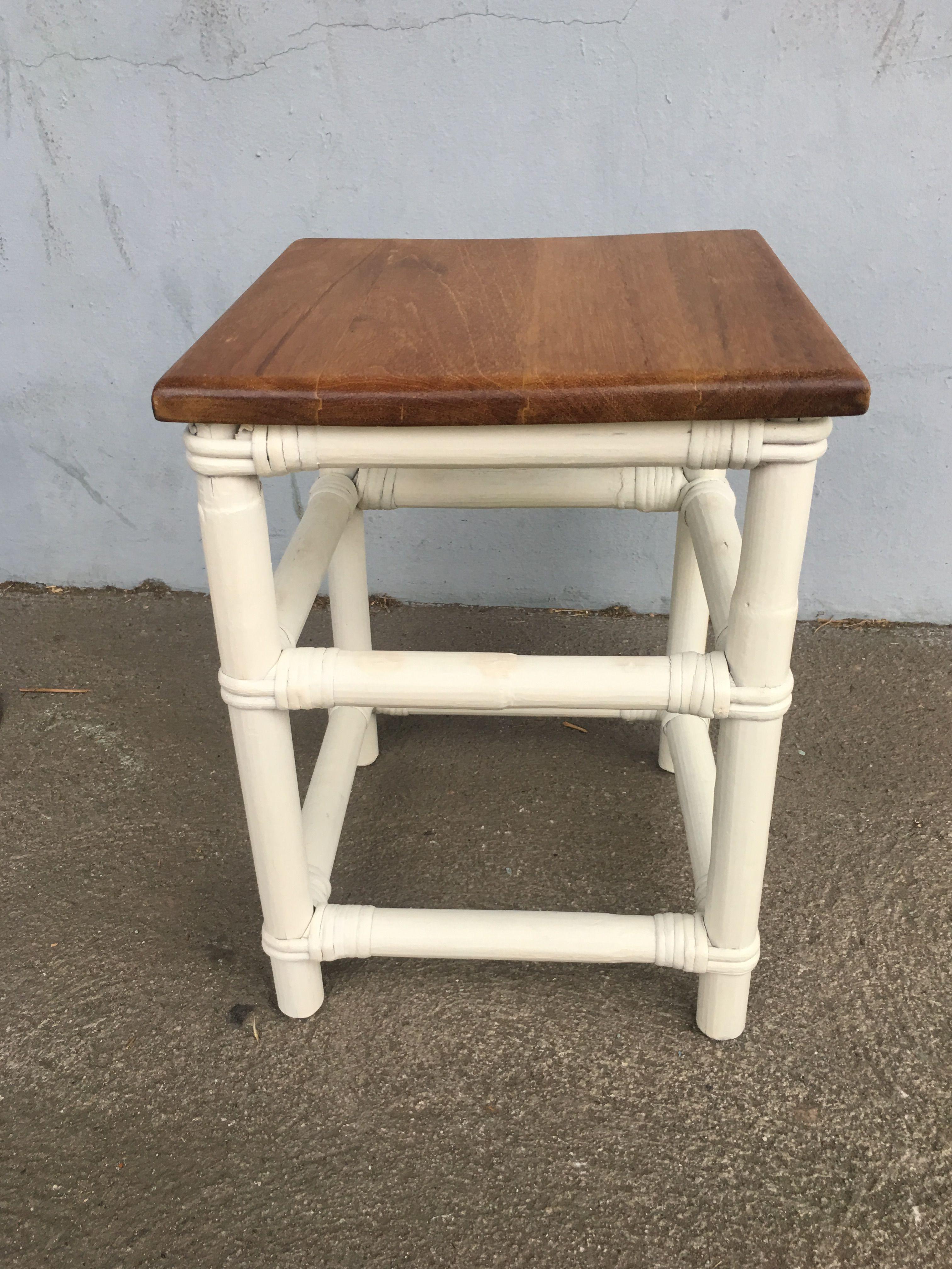 Original 1950s 1-strand rattan drink side table with mahogany top. The table features wicker wrapped accents with white painted rattan legs. All rattan, bamboo and wicker furniture has been painstakingly refurbished to the highest standards with the