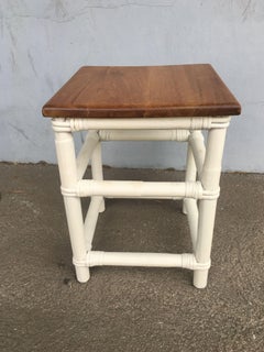 Restored White Painted Rattan Cocktail Side Table with Mahogany Top