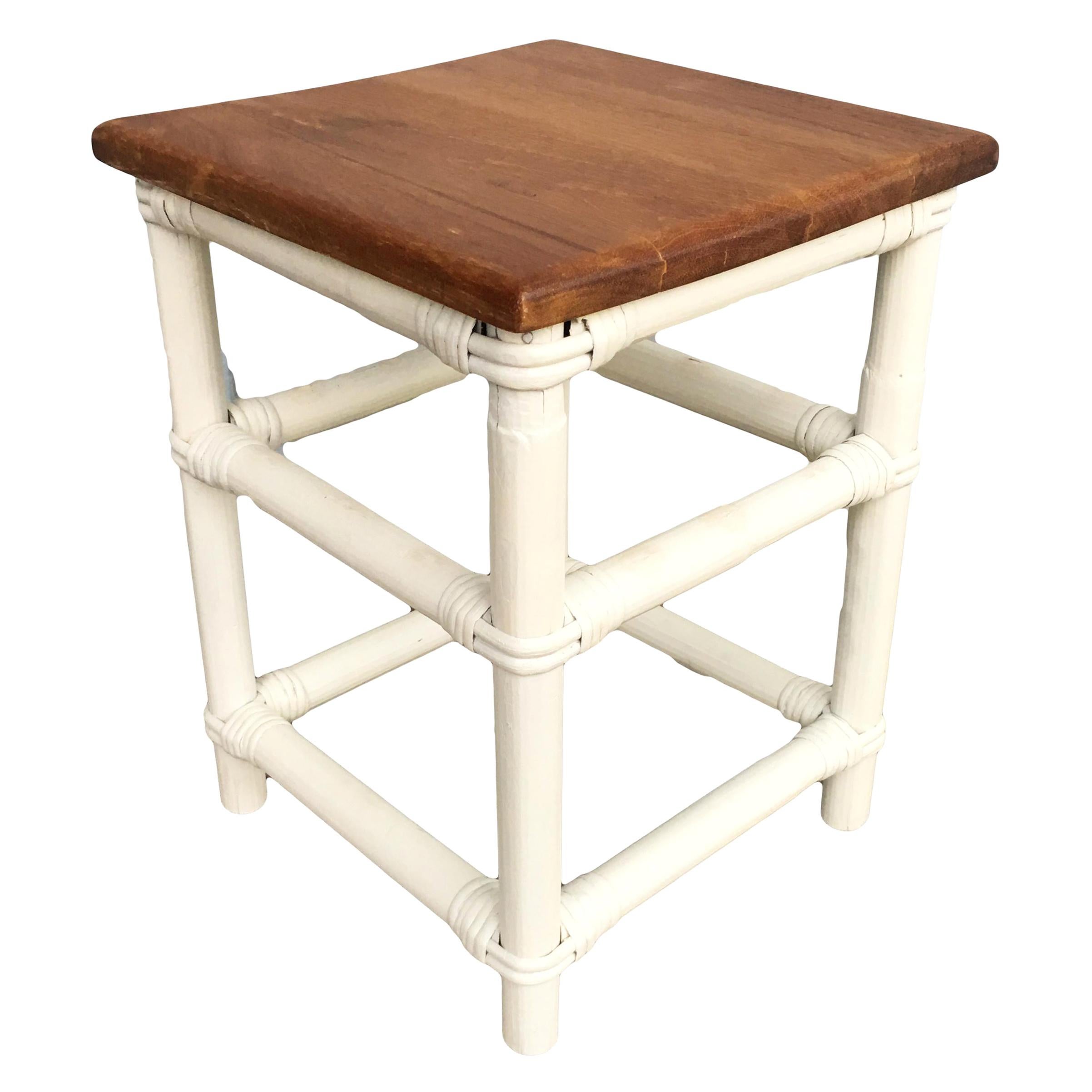 Restored White Painted Rattan Cocktail Side Table with Mahogany Top