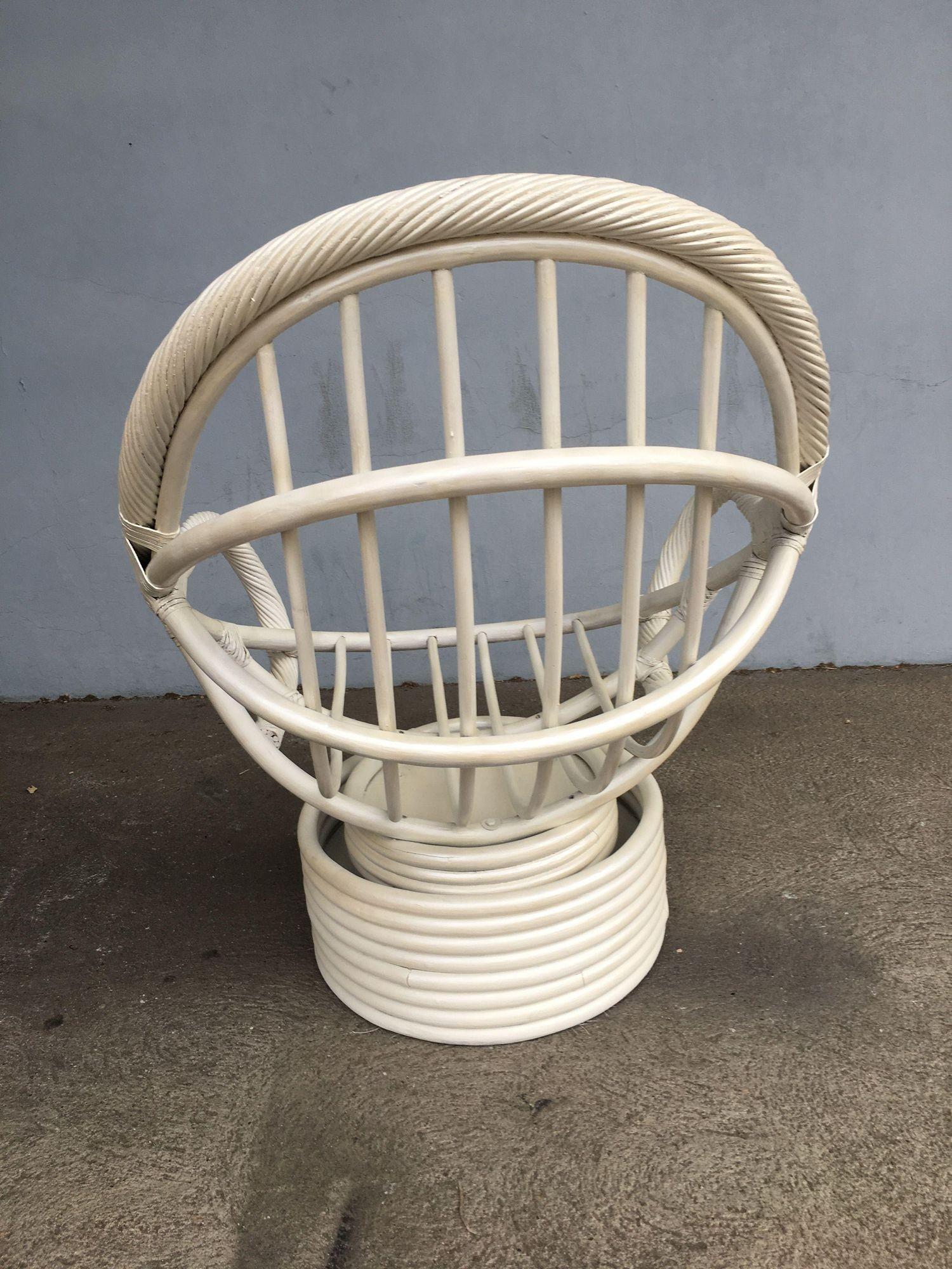 Restored White Rattan Bucket Lounge Chair with Swivel Base 5