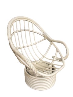 Restored White Rattan Bucket Lounge Chair W/ Swivel Base