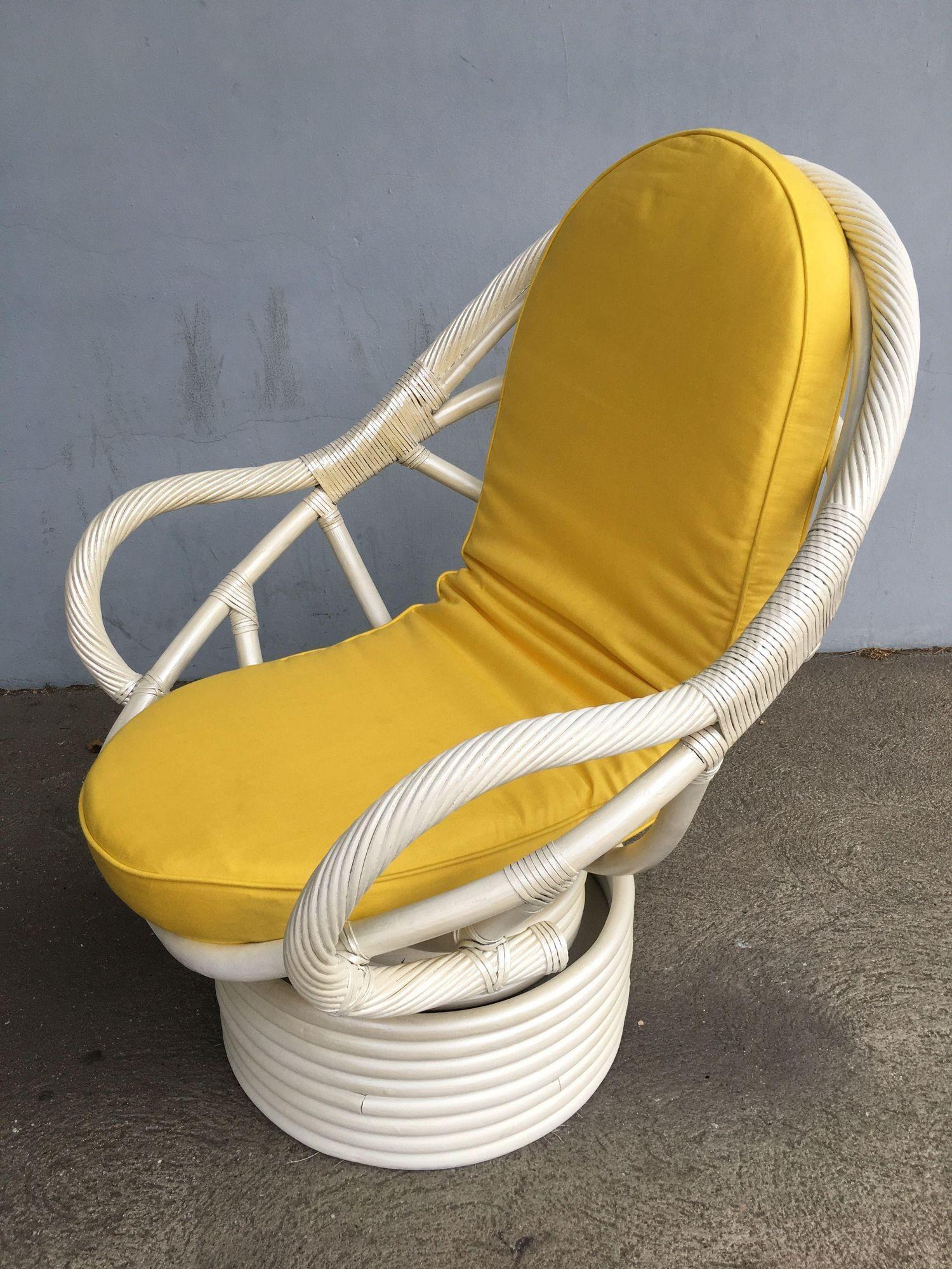 American Restored White Rattan Bucket Lounge Chair W/ Swivel Base For Sale