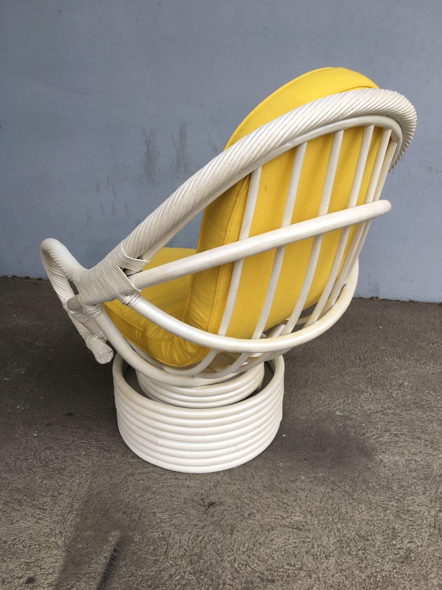 Restored White Rattan Bucket Lounge Chair W/ Swivel Base In Excellent Condition For Sale In Van Nuys, CA