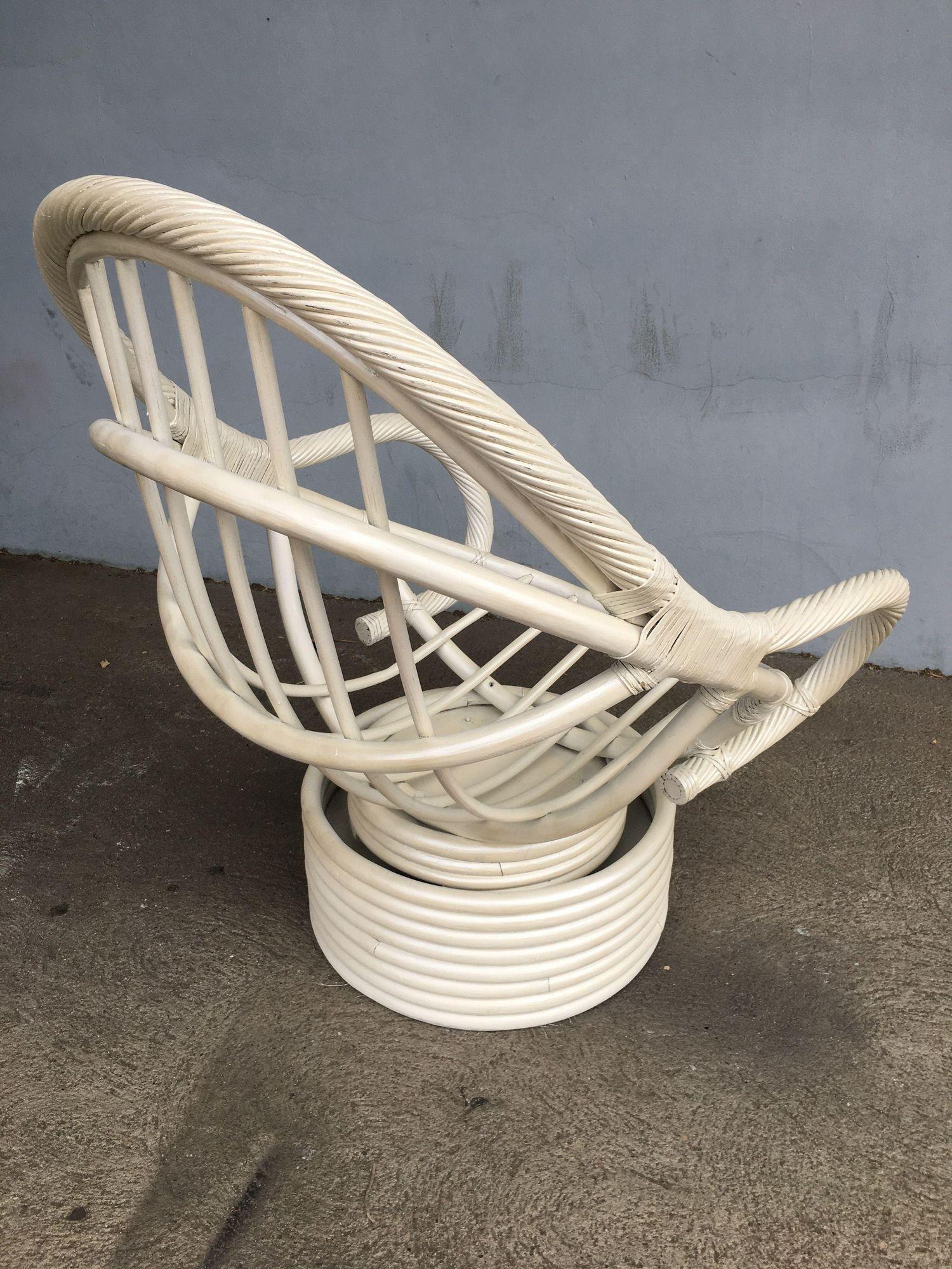 Restored White Rattan Bucket Lounge Chair with Swivel Base 2