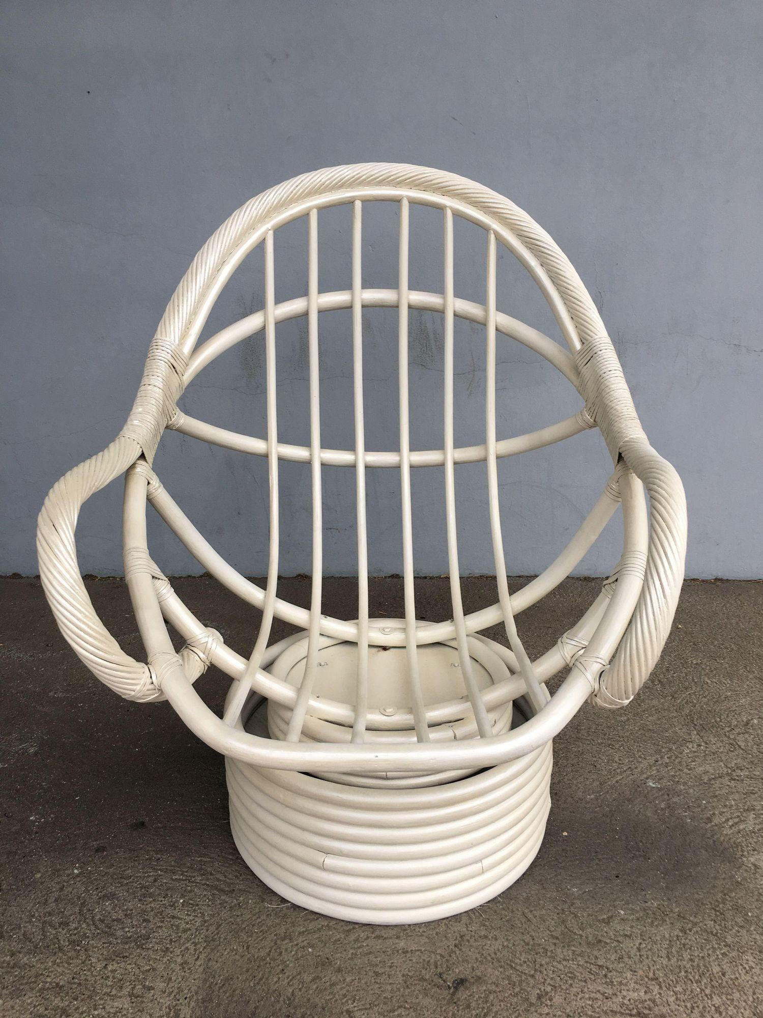 Restored White Rattan Bucket Lounge Chair W/ Swivel Base For Sale 3