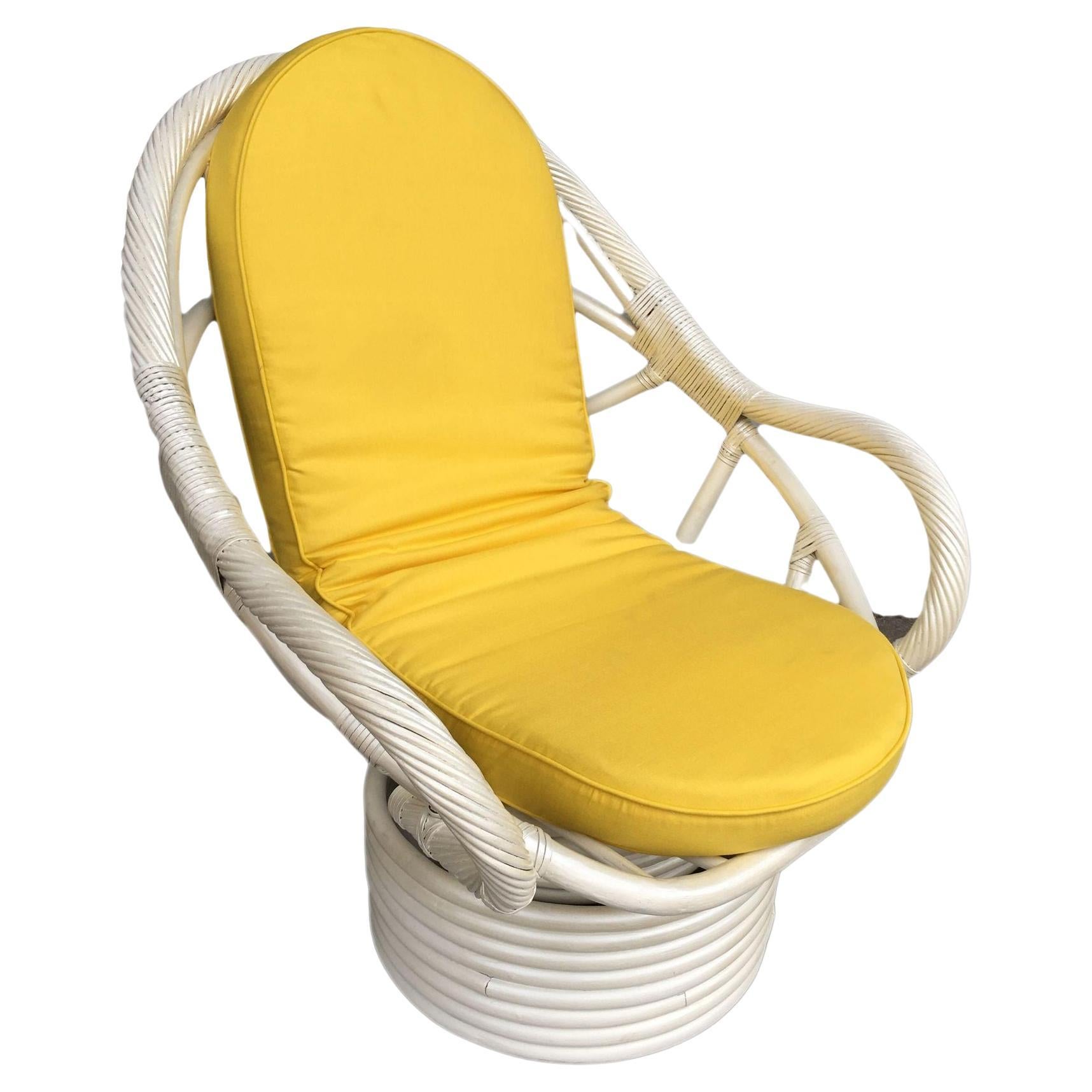 Restored White Rattan Bucket Lounge Chair W/ Swivel Base For Sale