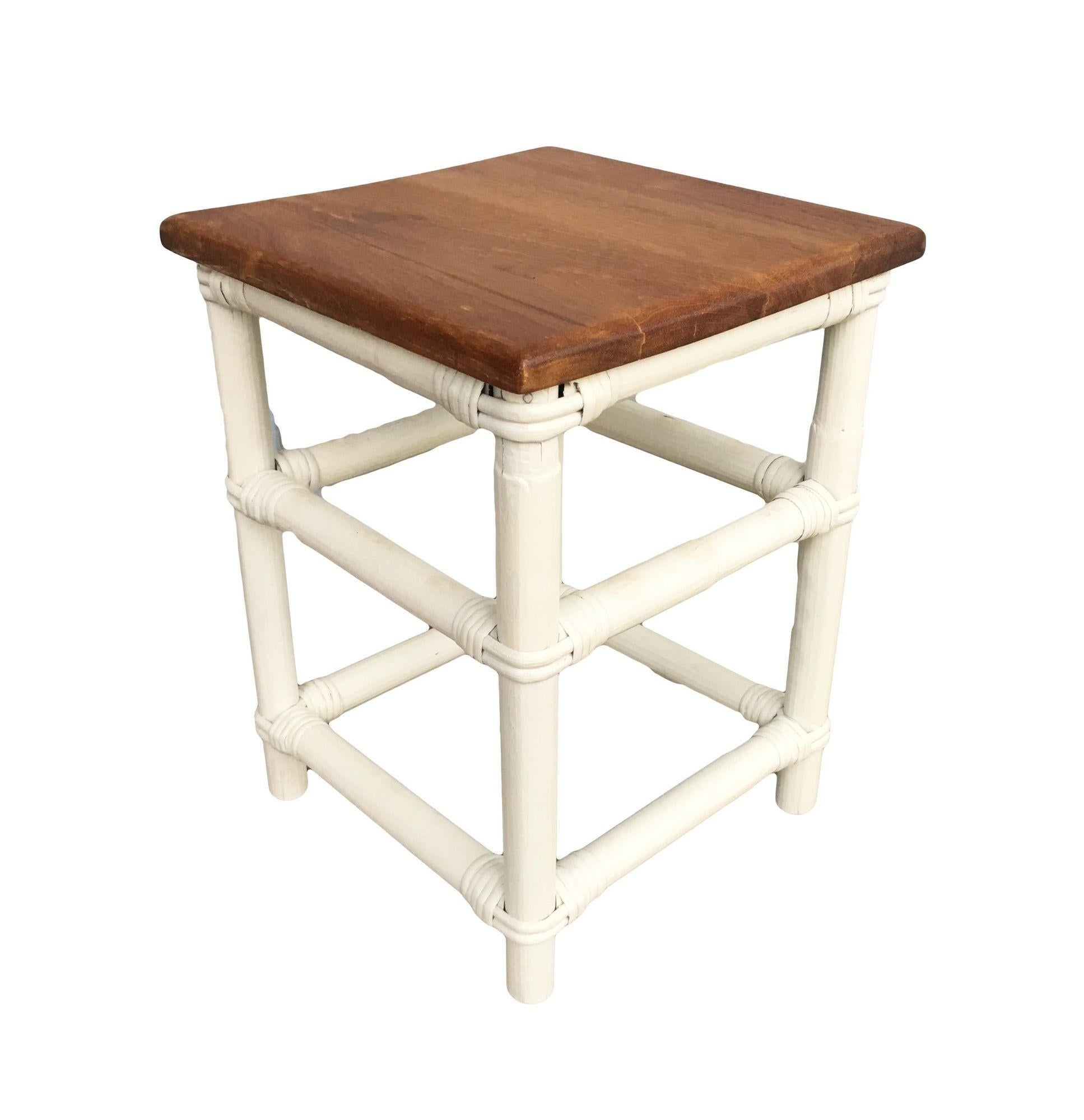 Mid-20th Century Restored White Rattan Cocktail Side Table W/ Mahogany Top For Sale