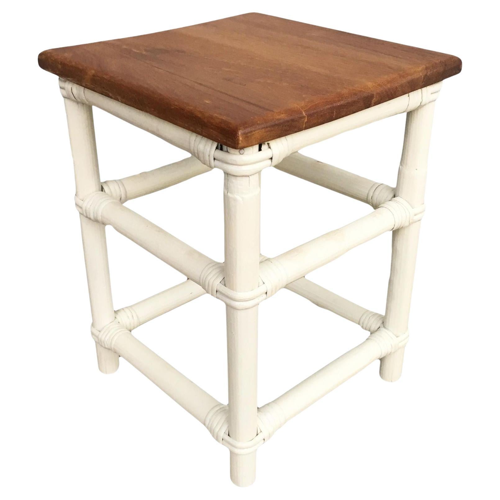 Restored White Rattan Cocktail Side Table W/ Mahogany Top For Sale