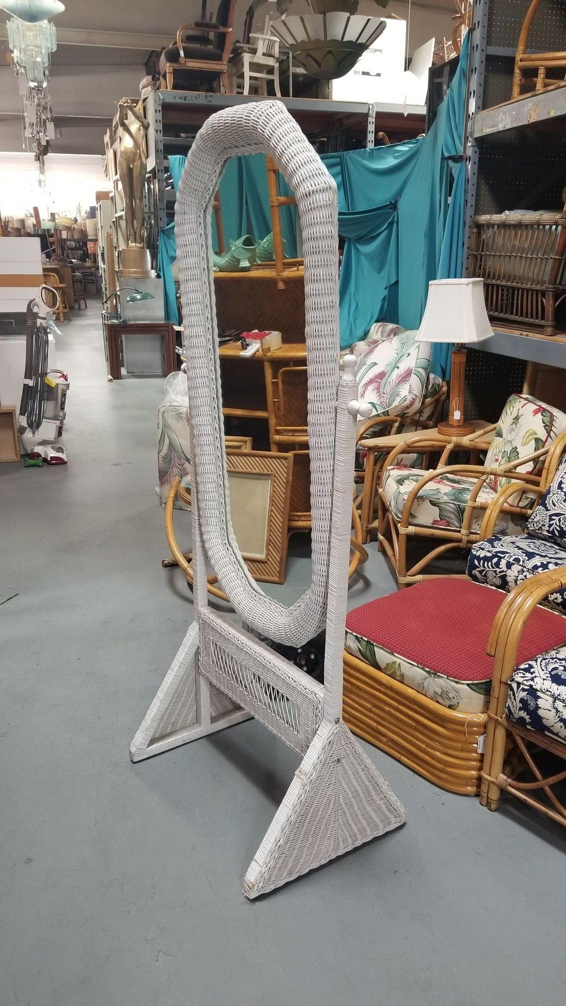 Restored White Rattan Wicker Full Length Cheval Mirror For Sale