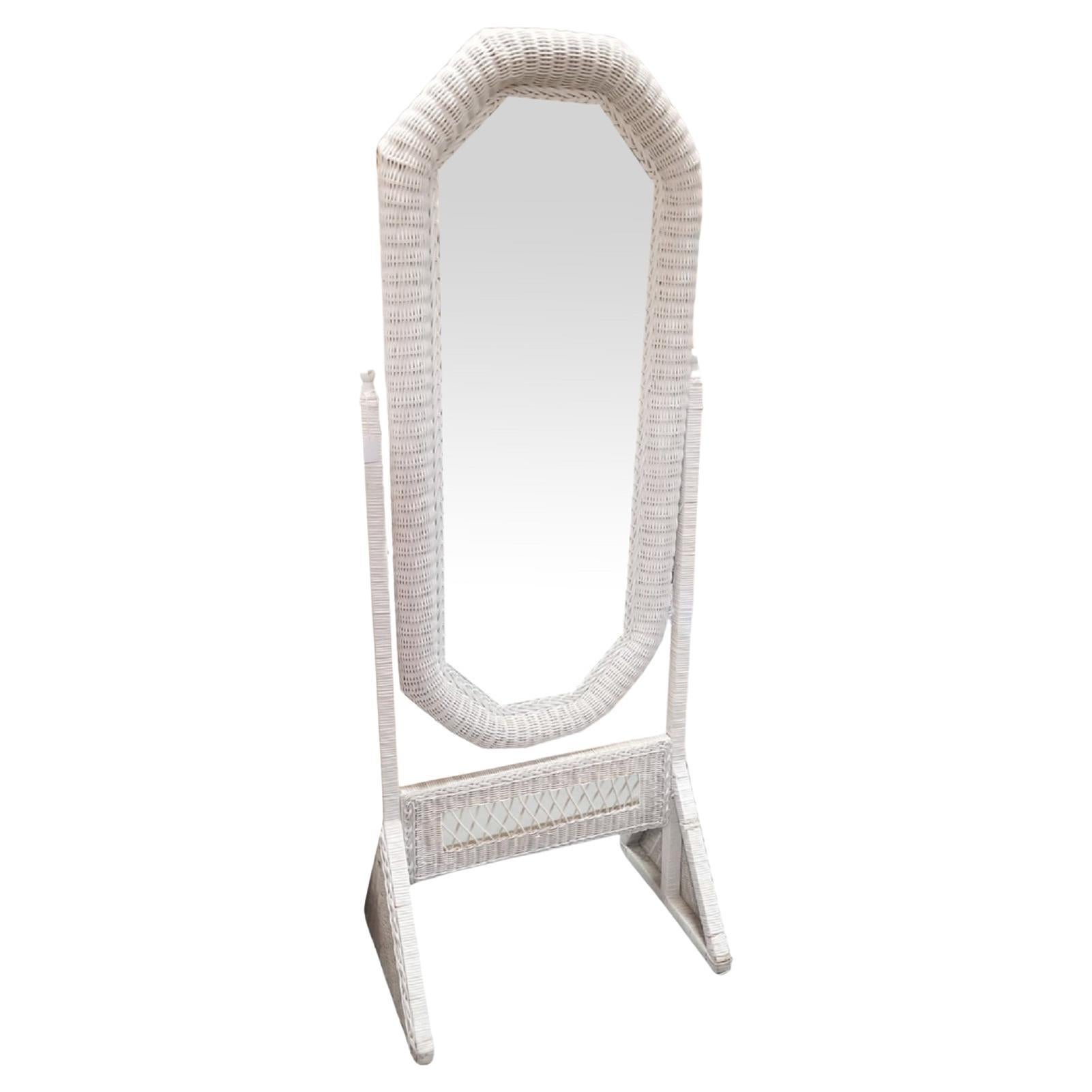 Restored White Rattan Wicker Full Length Cheval Mirror For Sale