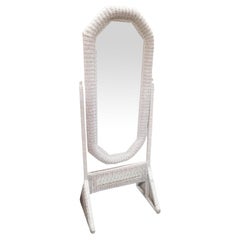 Vintage Restored White Rattan Wicker Full Length Cheval Mirror