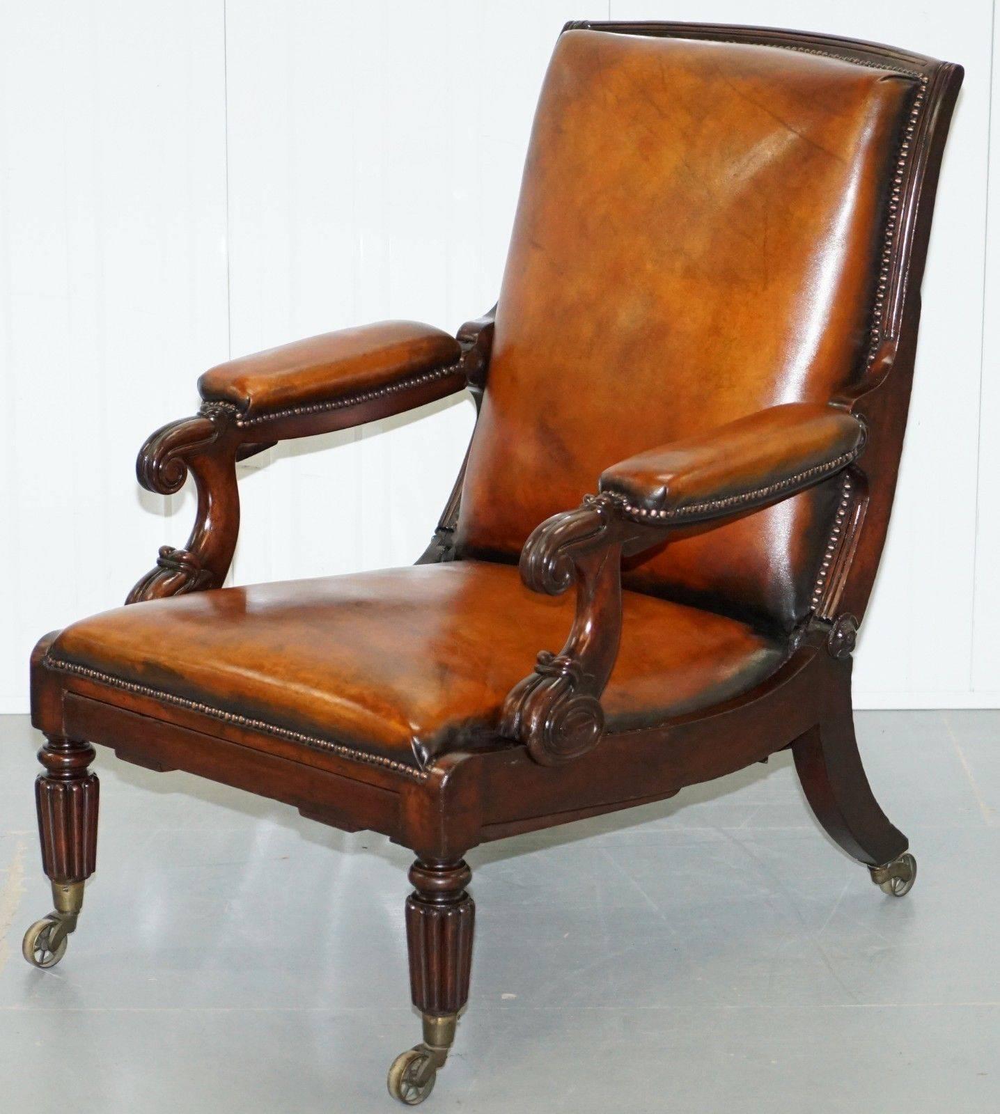 Restored William IV Reclining Library Reading Brown Leather Armchair Footstool For Sale 3
