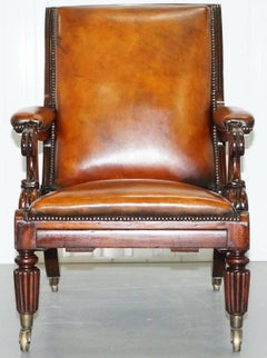 Restored William IV Reclining Library Reading Brown Leather Armchair Footstool