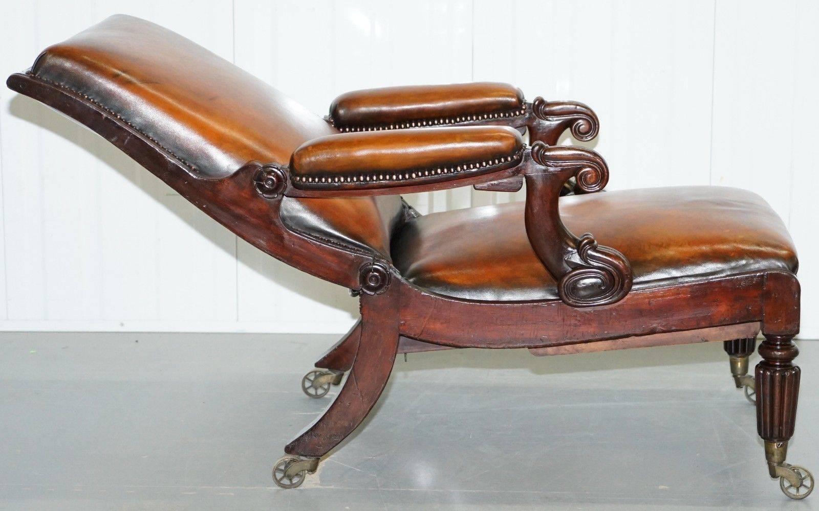 Hand-Crafted Restored William IV Reclining Library Reading Brown Leather Armchair Footstool For Sale