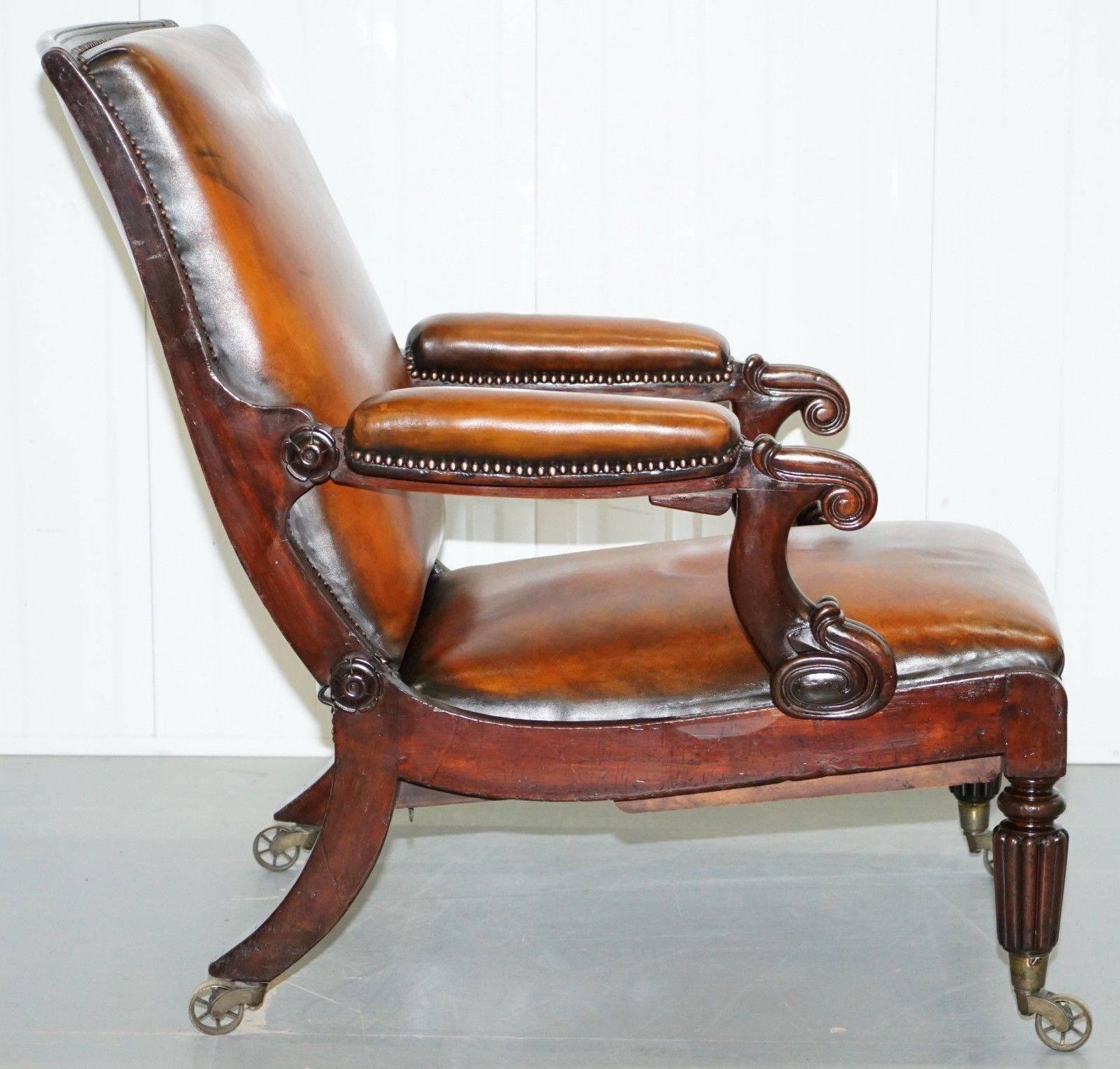 Mid-19th Century Restored William IV Reclining Library Reading Brown Leather Armchair Footstool For Sale