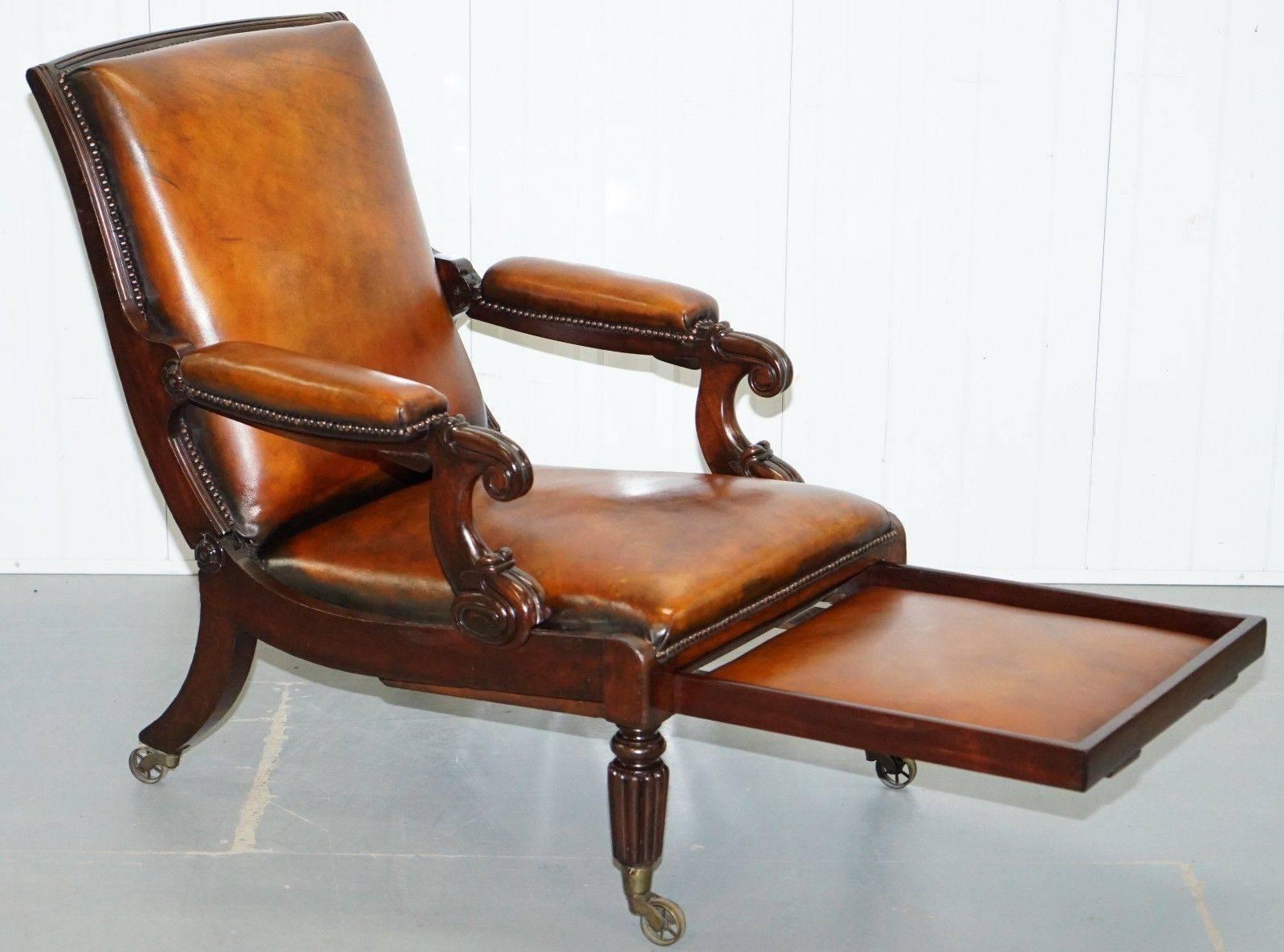 Restored William IV Reclining Library Reading Brown Leather Armchair Footstool For Sale 1